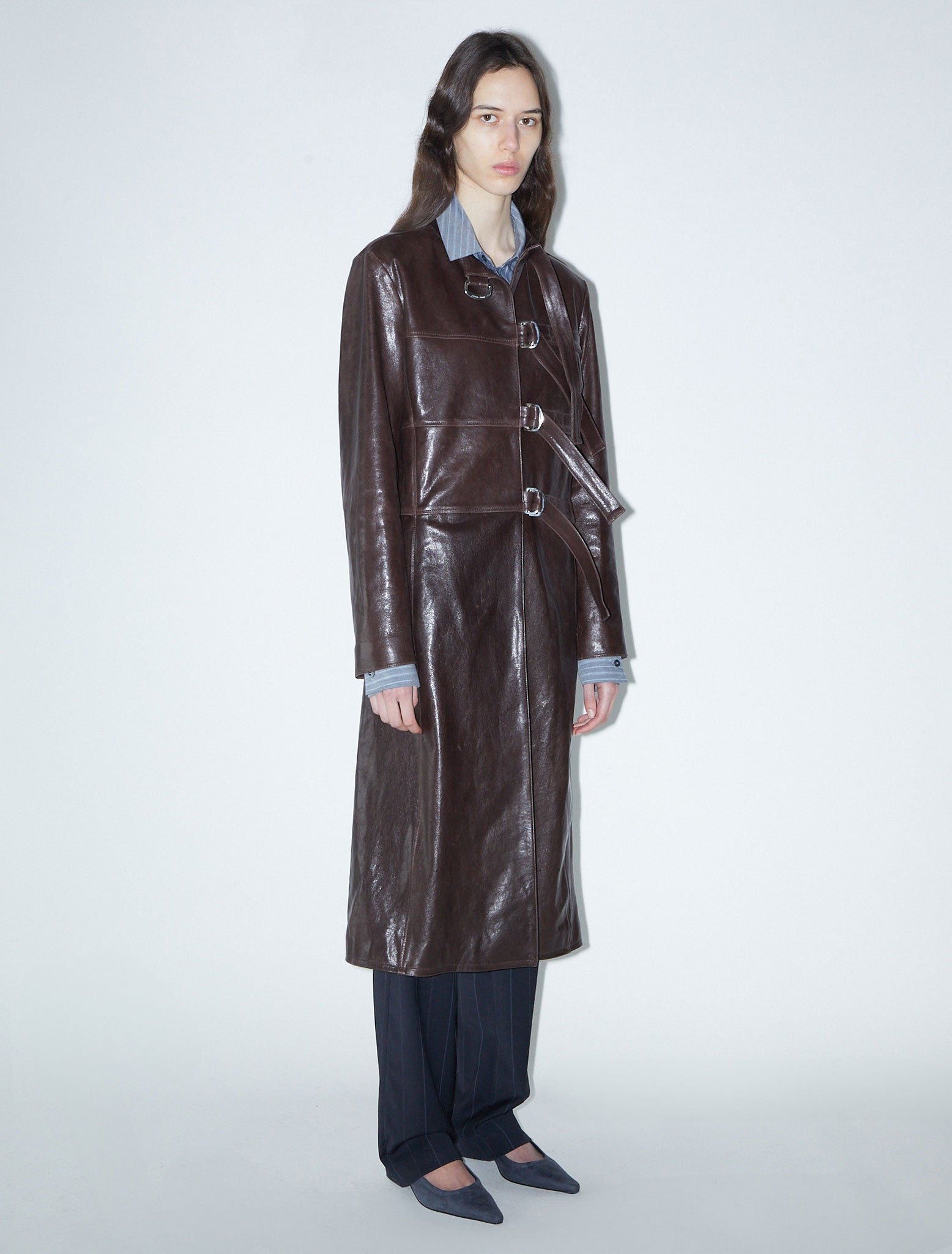 Niquel long leather jacket mao collar strips