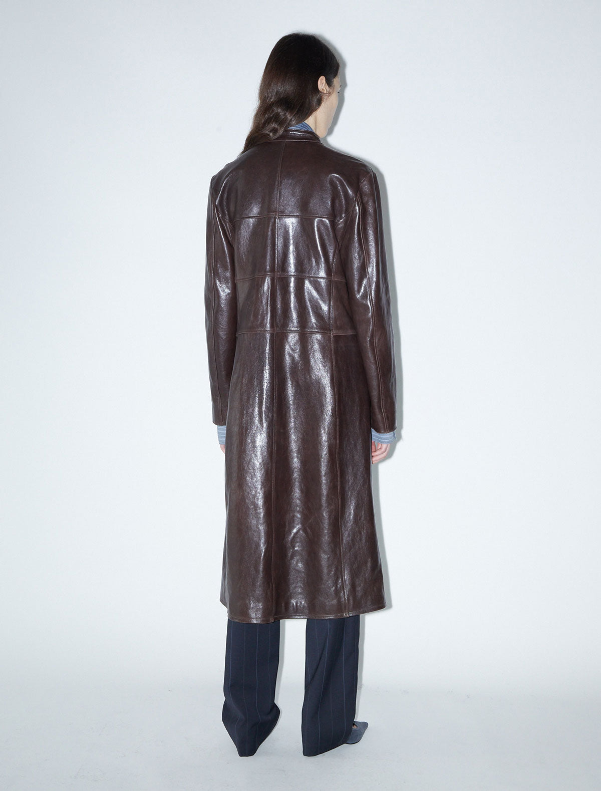 Niquel long leather jacket mao collar strips