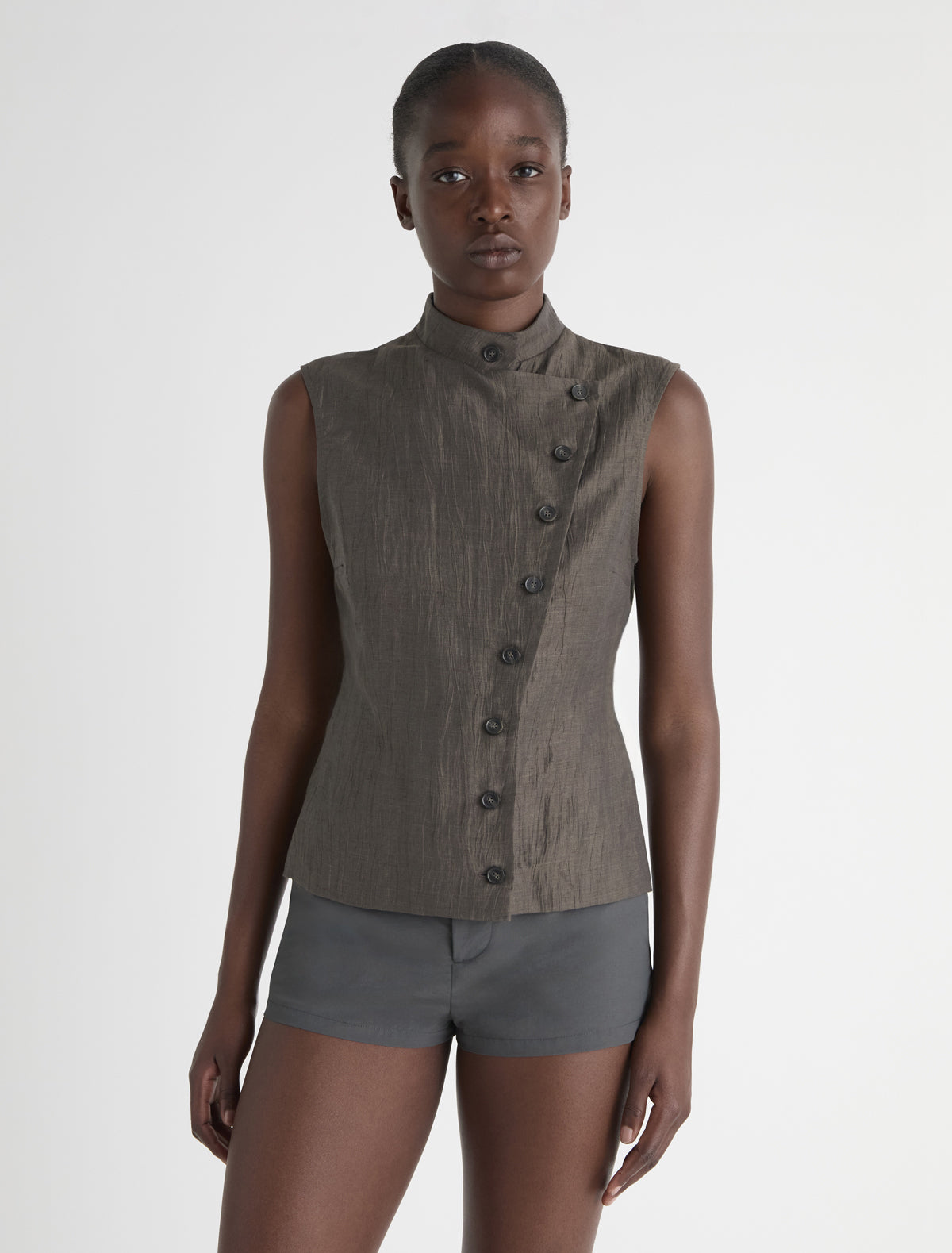Sara high neck top wrap front button closure brown
