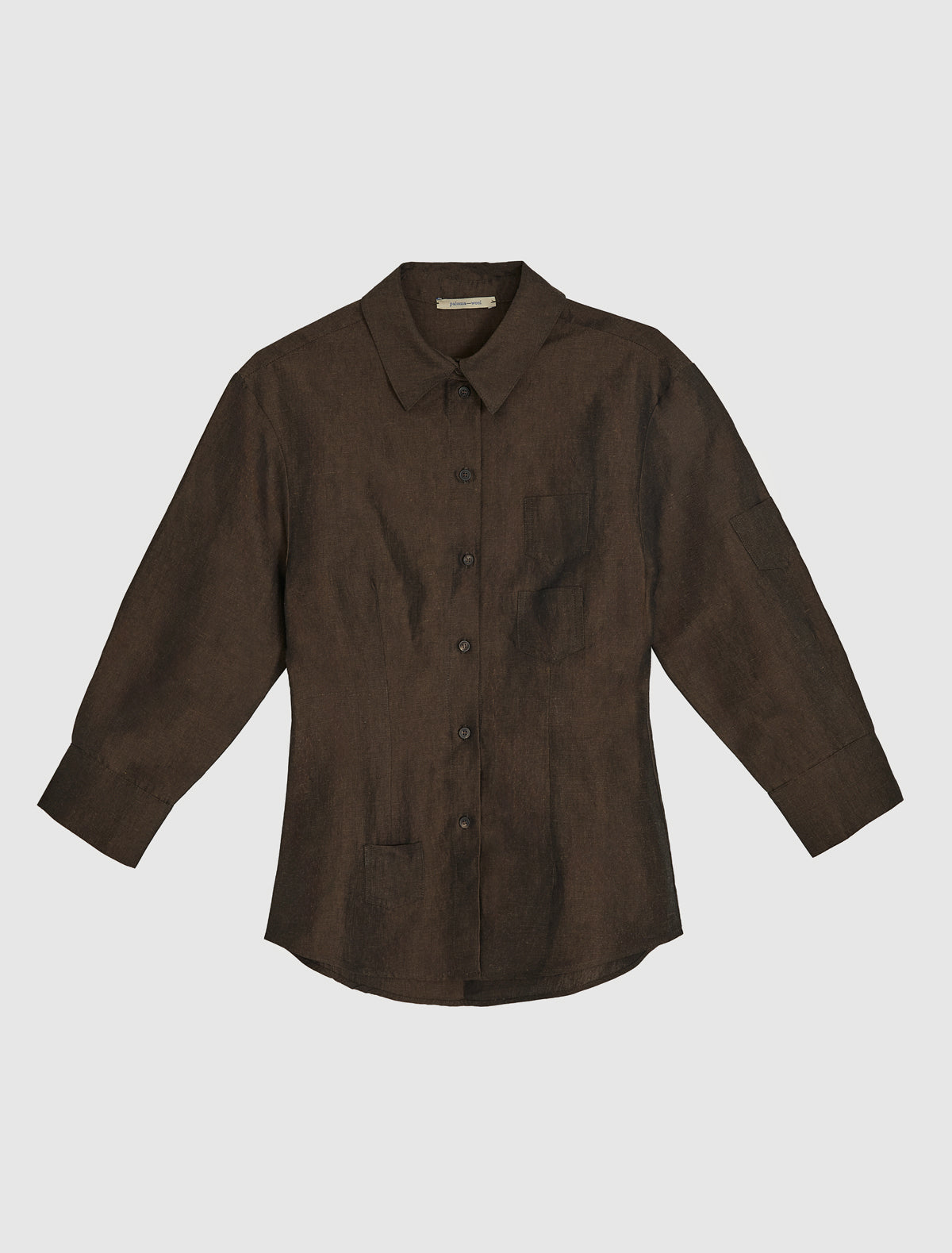 Jasmine three quarter sleeve linen shirt mini patch pockets brown