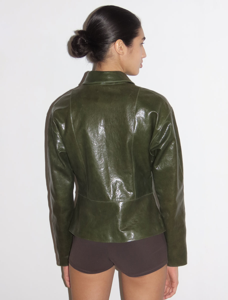 Fabia fitted waist leather jacket darkgreen