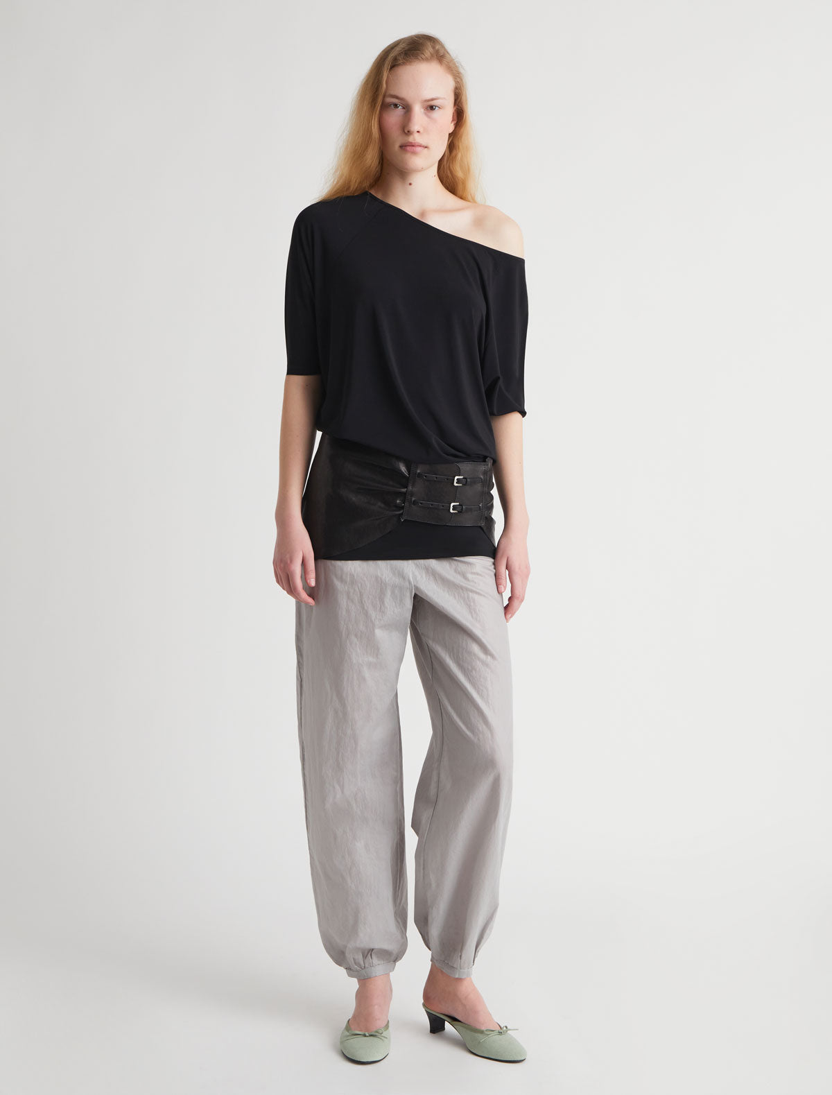 Adriana gathered leather sash double metal buckle closure black