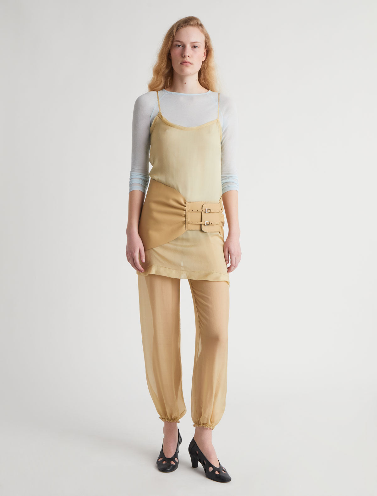 Adriana gathered leather sash double metal buckle closure ocher