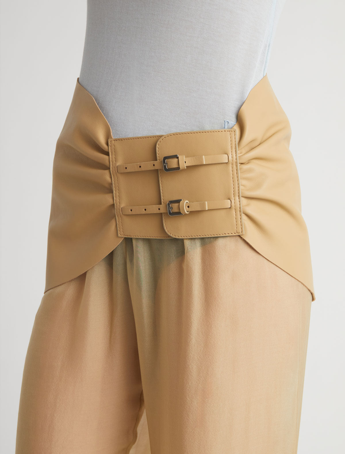 Adriana gathered leather sash double metal buckle closure ocher