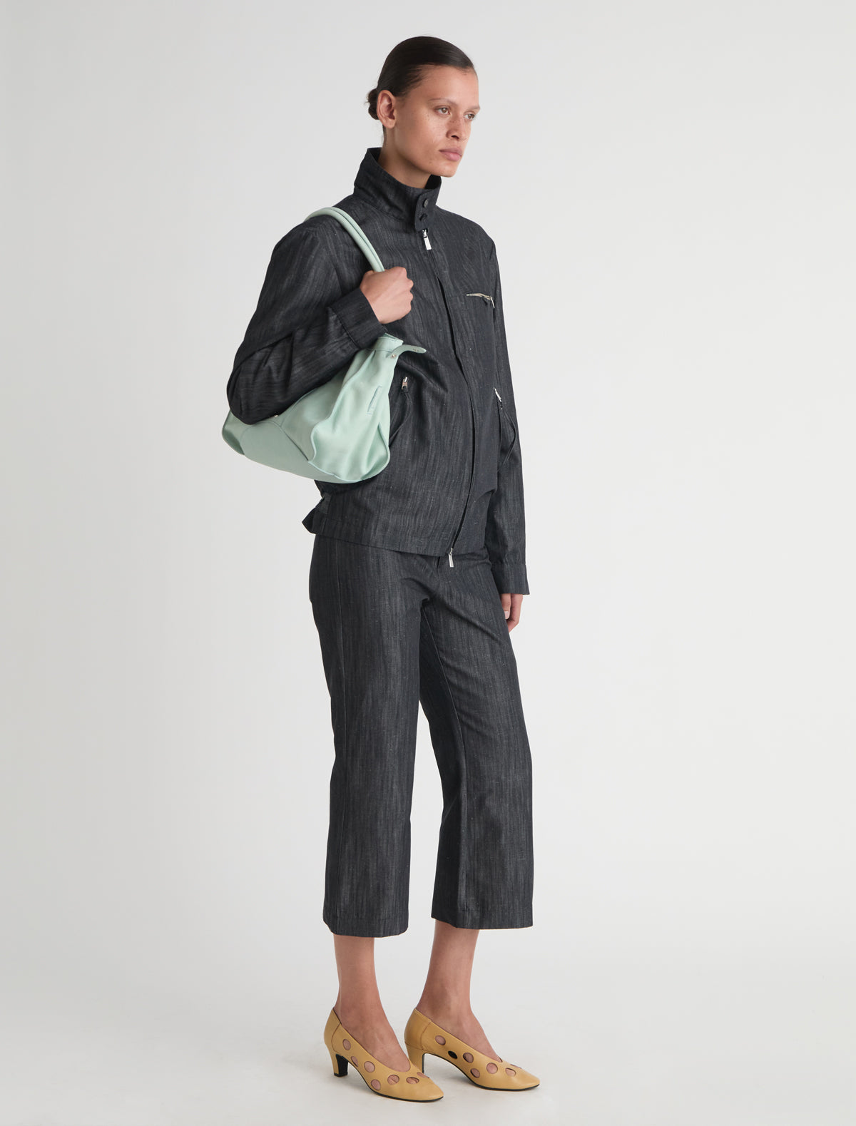 Albane denim jacket zip snap button closure 1