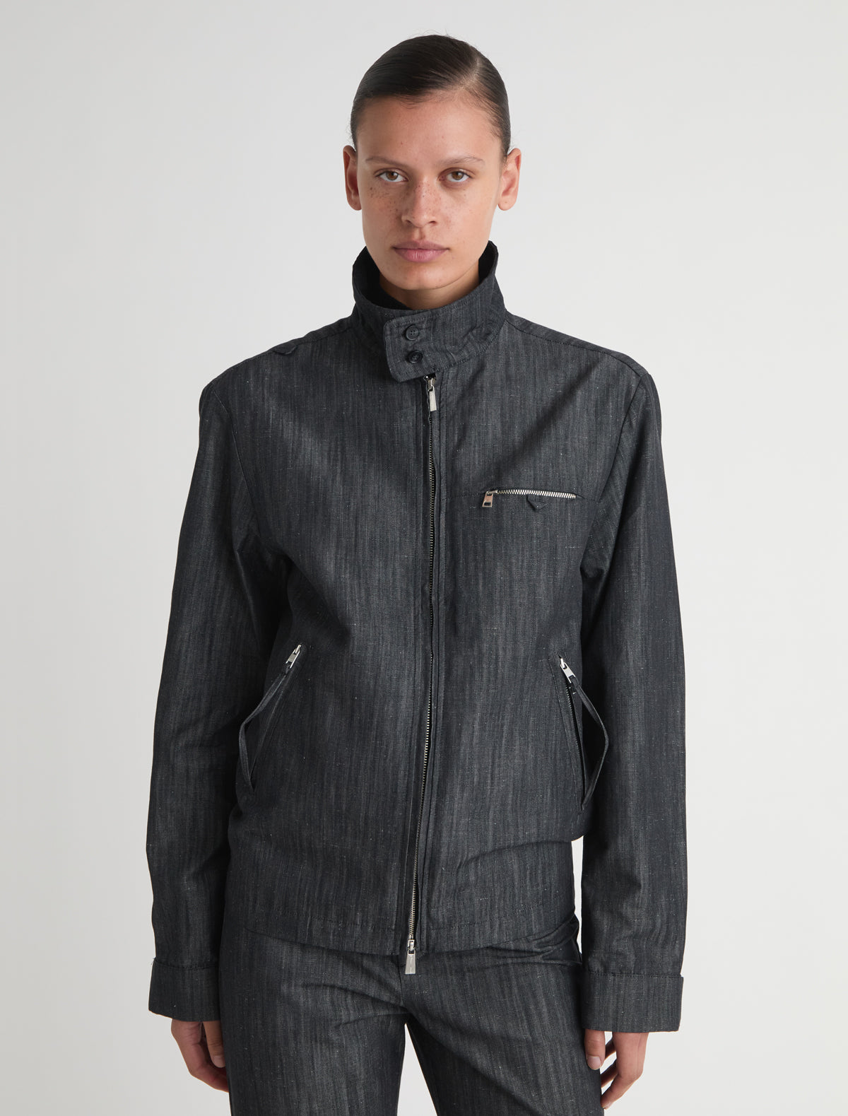 Albane denim jacket zip snap button closure 1