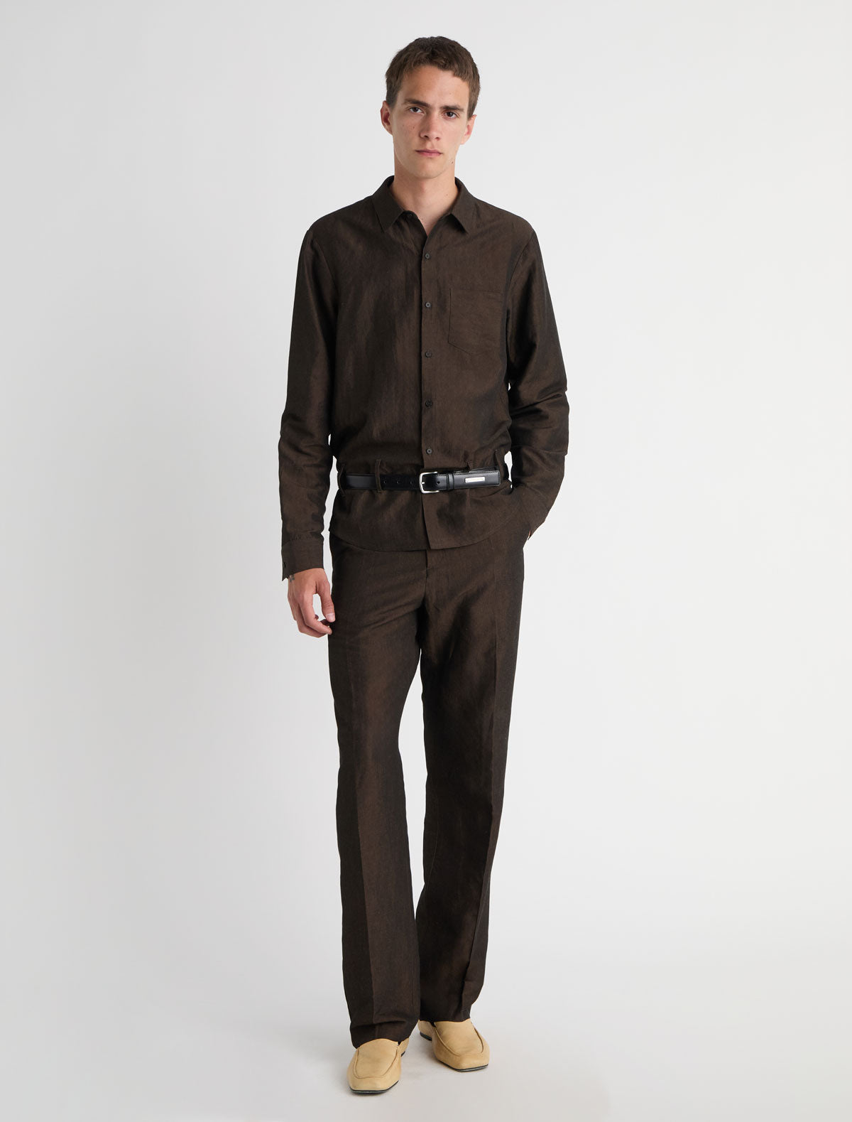 Alberto linen shirt belt loops brown