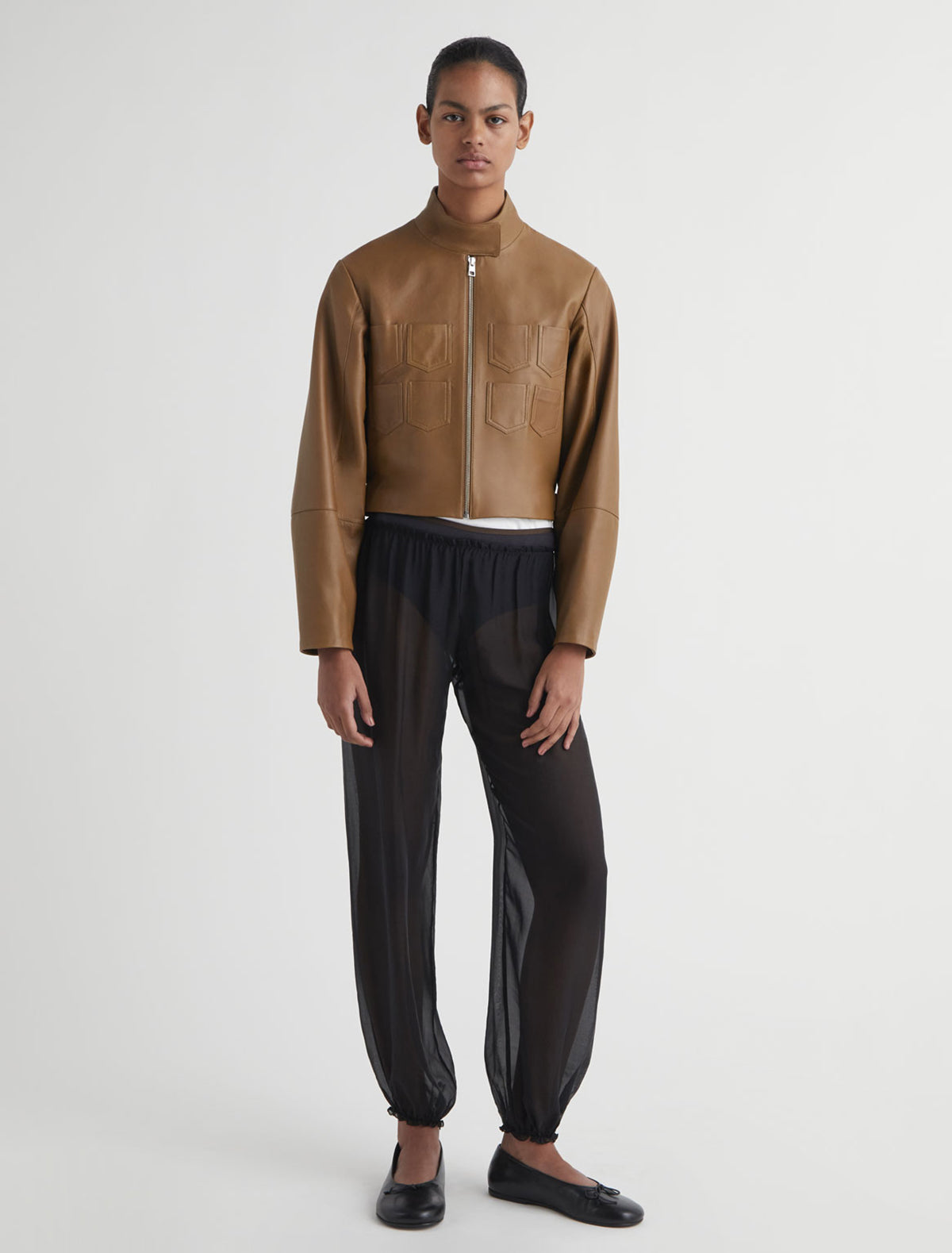 Aline cropped leather jacket mini chest pockets