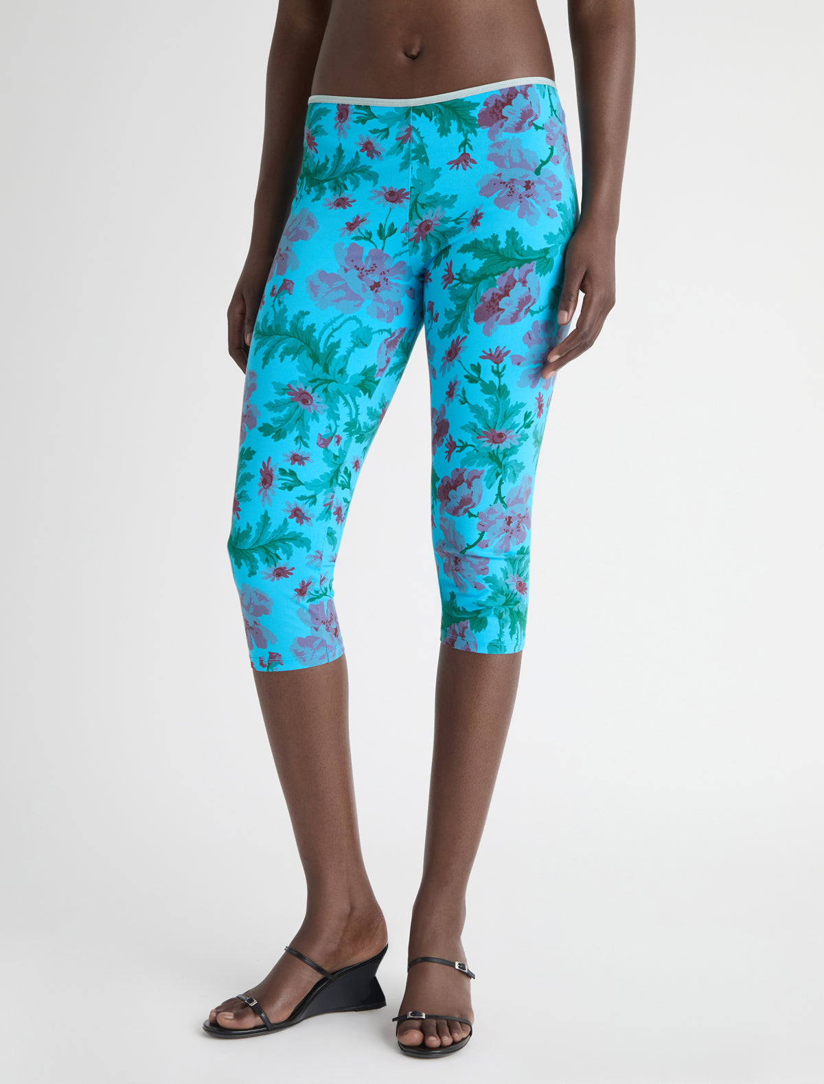 Aneu floral print capri leggings ribbon detail waistband