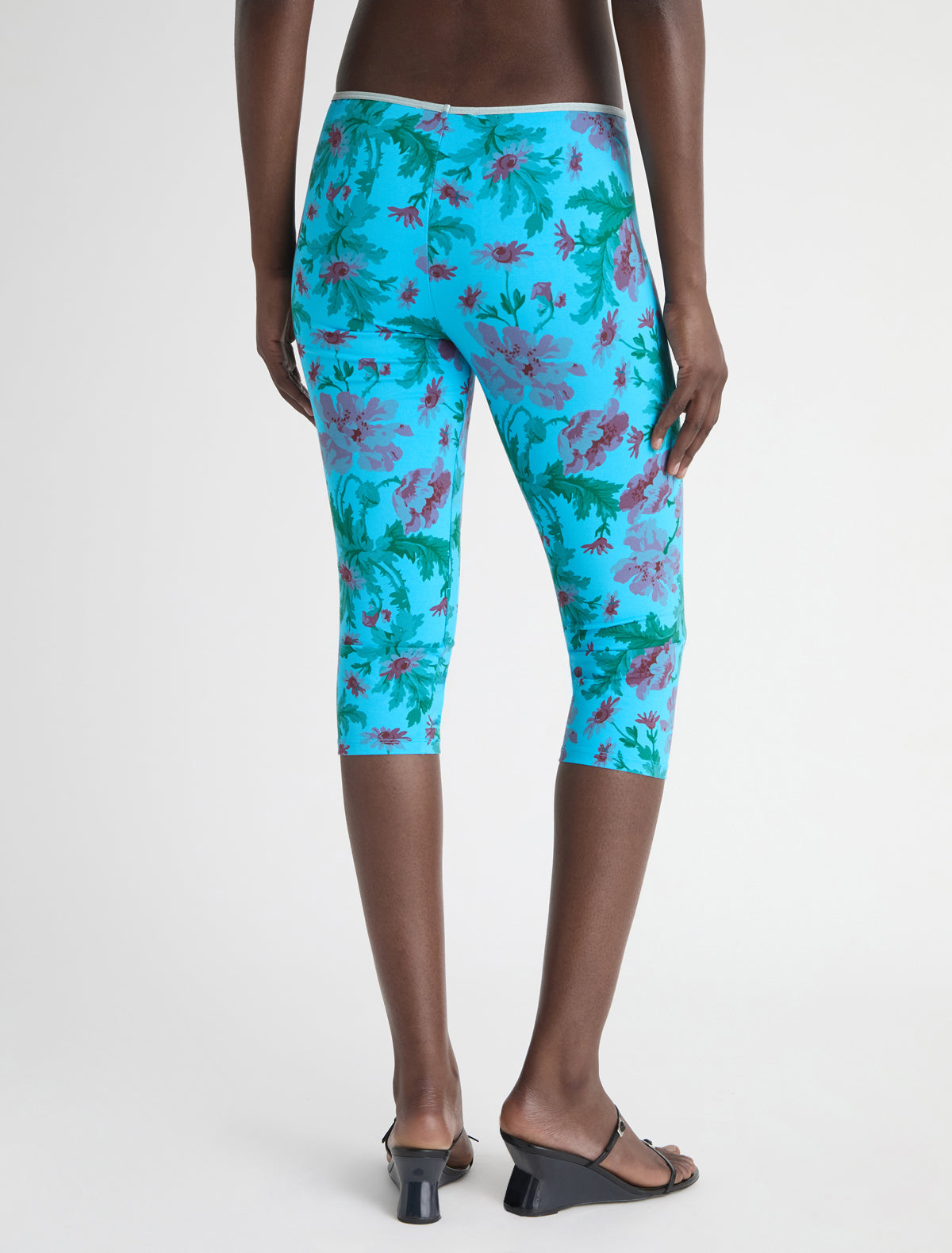 Aneu floral print capri leggings ribbon detail waistband
