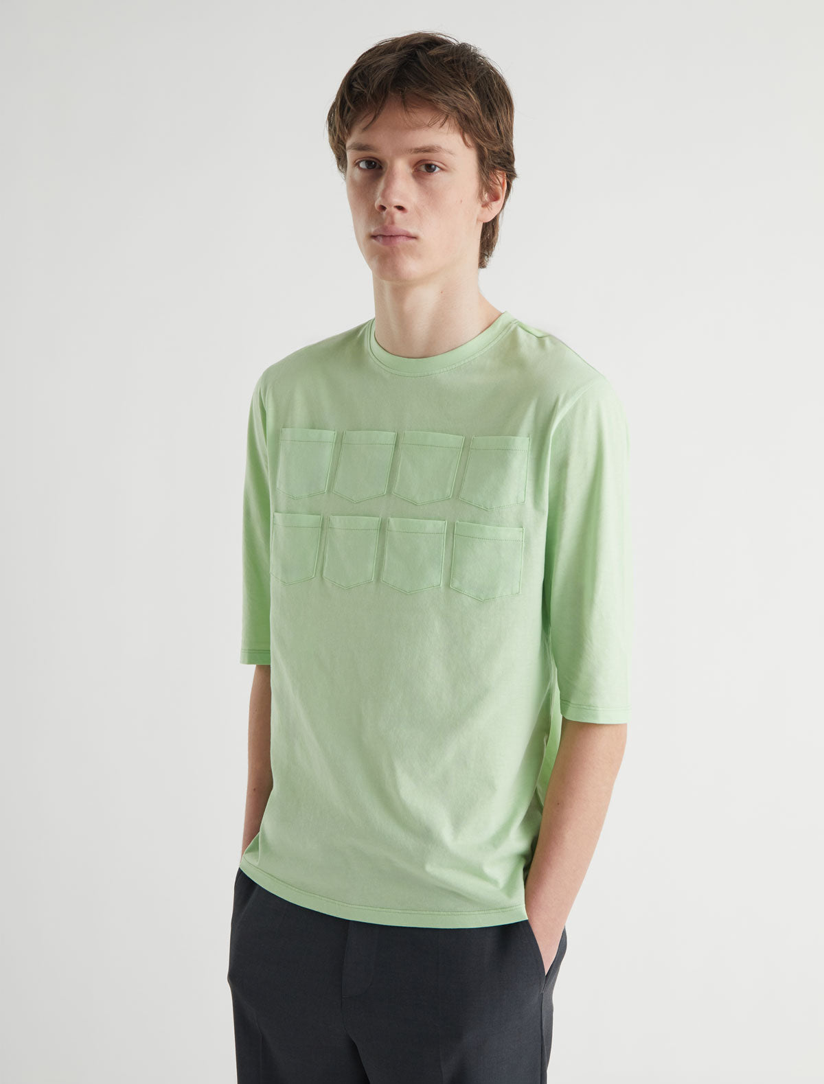 Arisa verde elbow length sleeve organic cotton tshirt patch pockets green