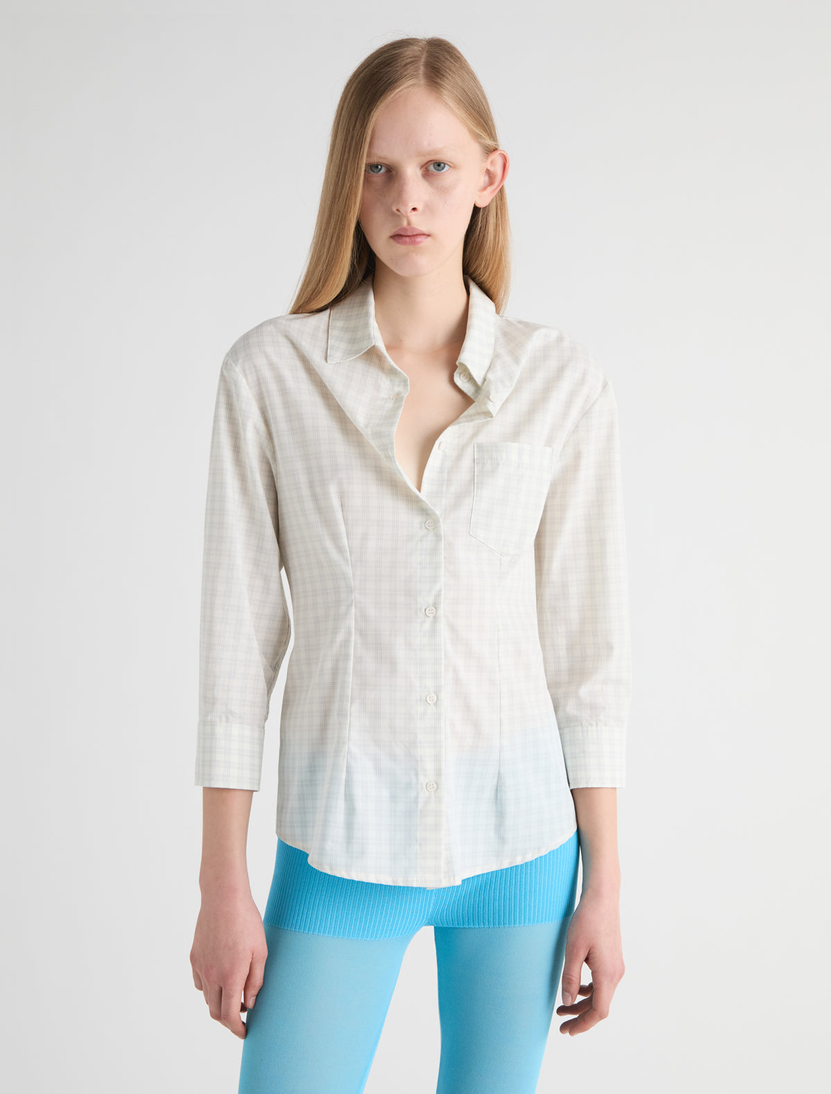 Bruna elbow length sleeve checked cotton shirt fitted body grey