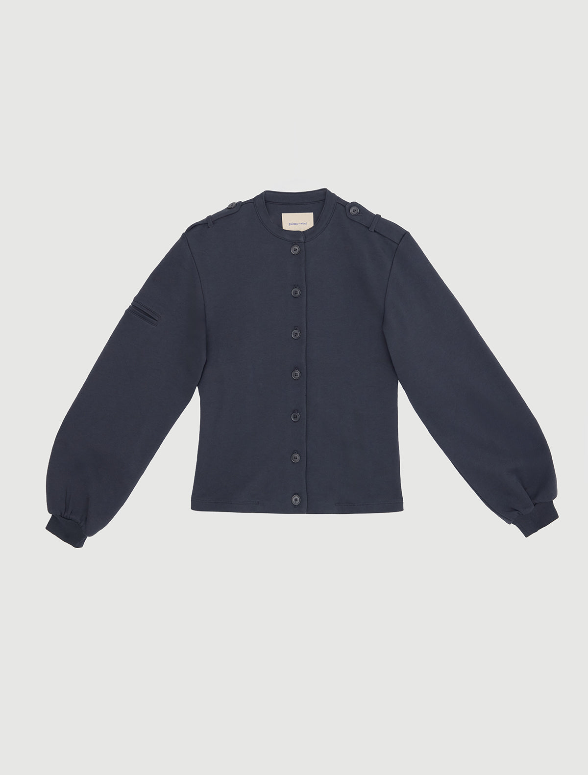 Bali fitted sweatshirt jacket puff sleeves buttoned epaulets shoulders navy
