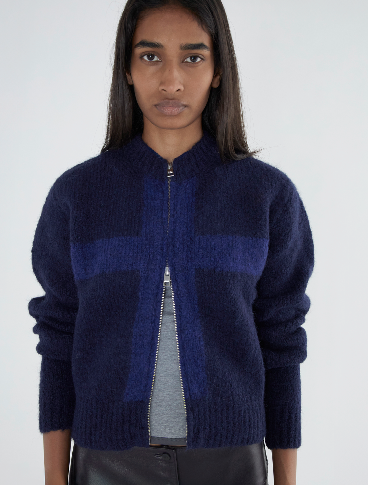 Cruz zip tricot cardigan cross shaped intarsia blue