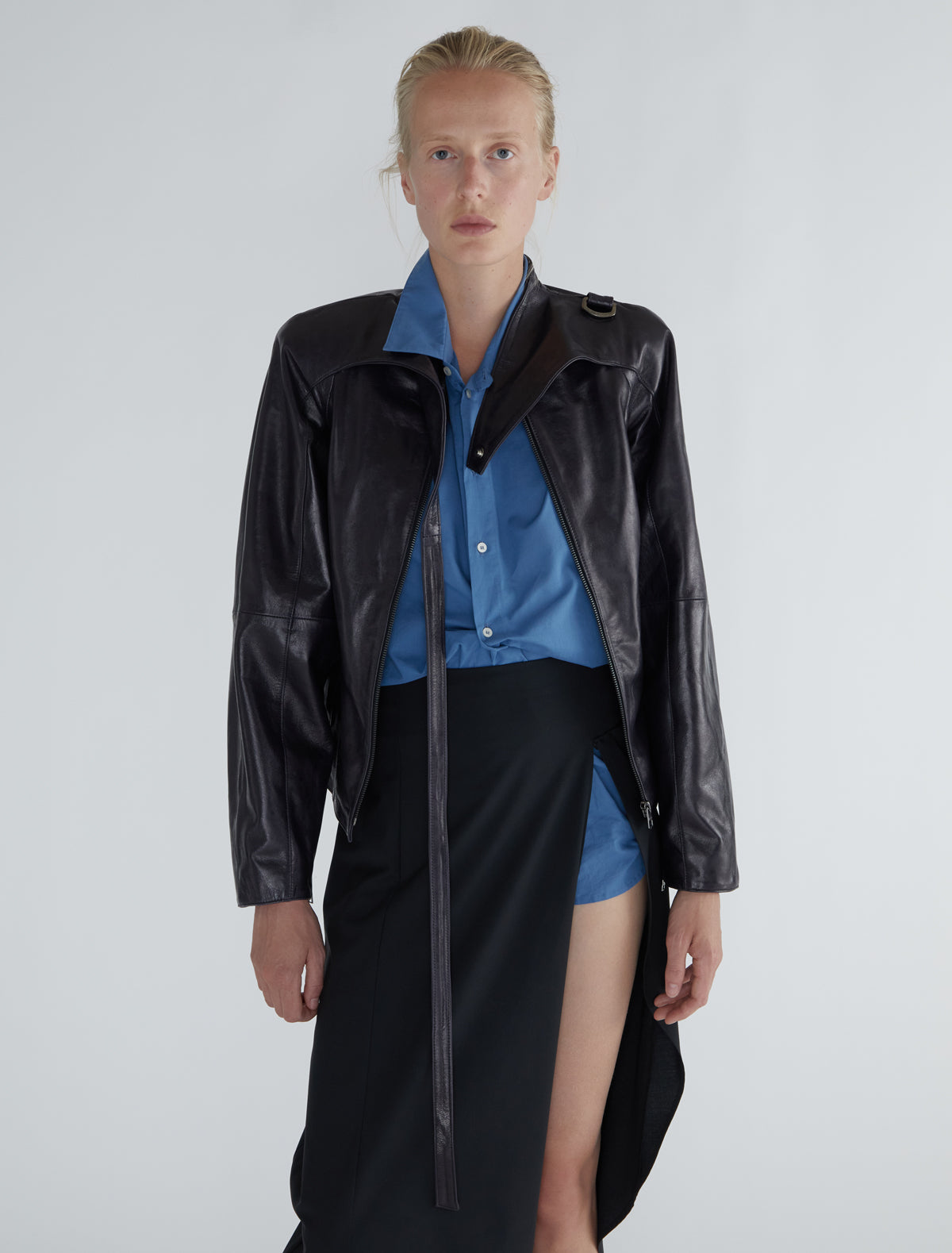 Plomy leather jacket crossover neckline metal buckle grey