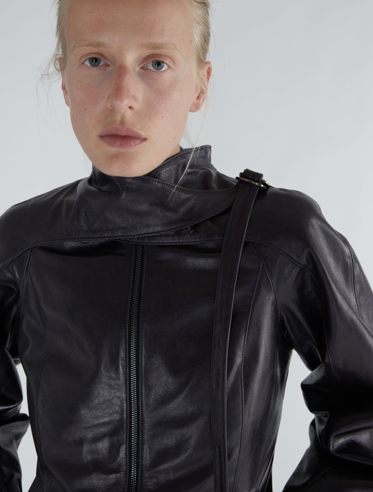 Plomy leather jacket crossover neckline metal buckle grey