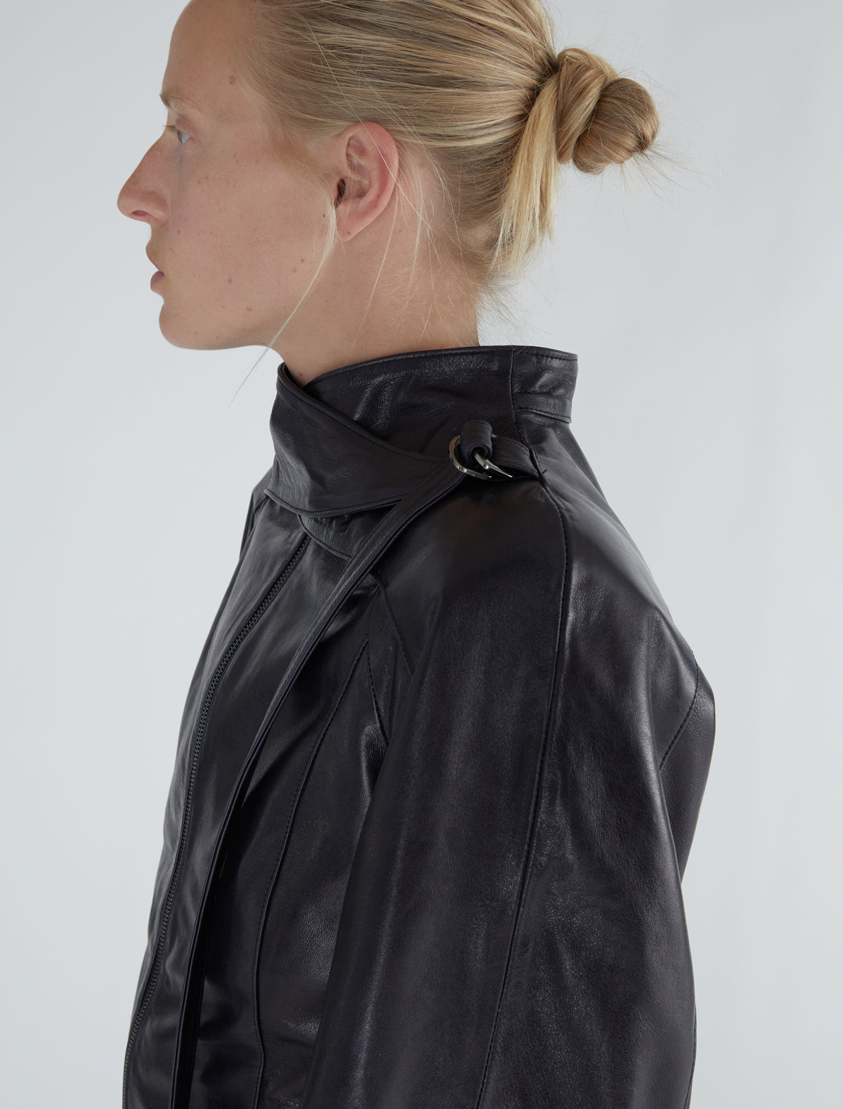 Plomy leather jacket crossover neckline metal buckle grey