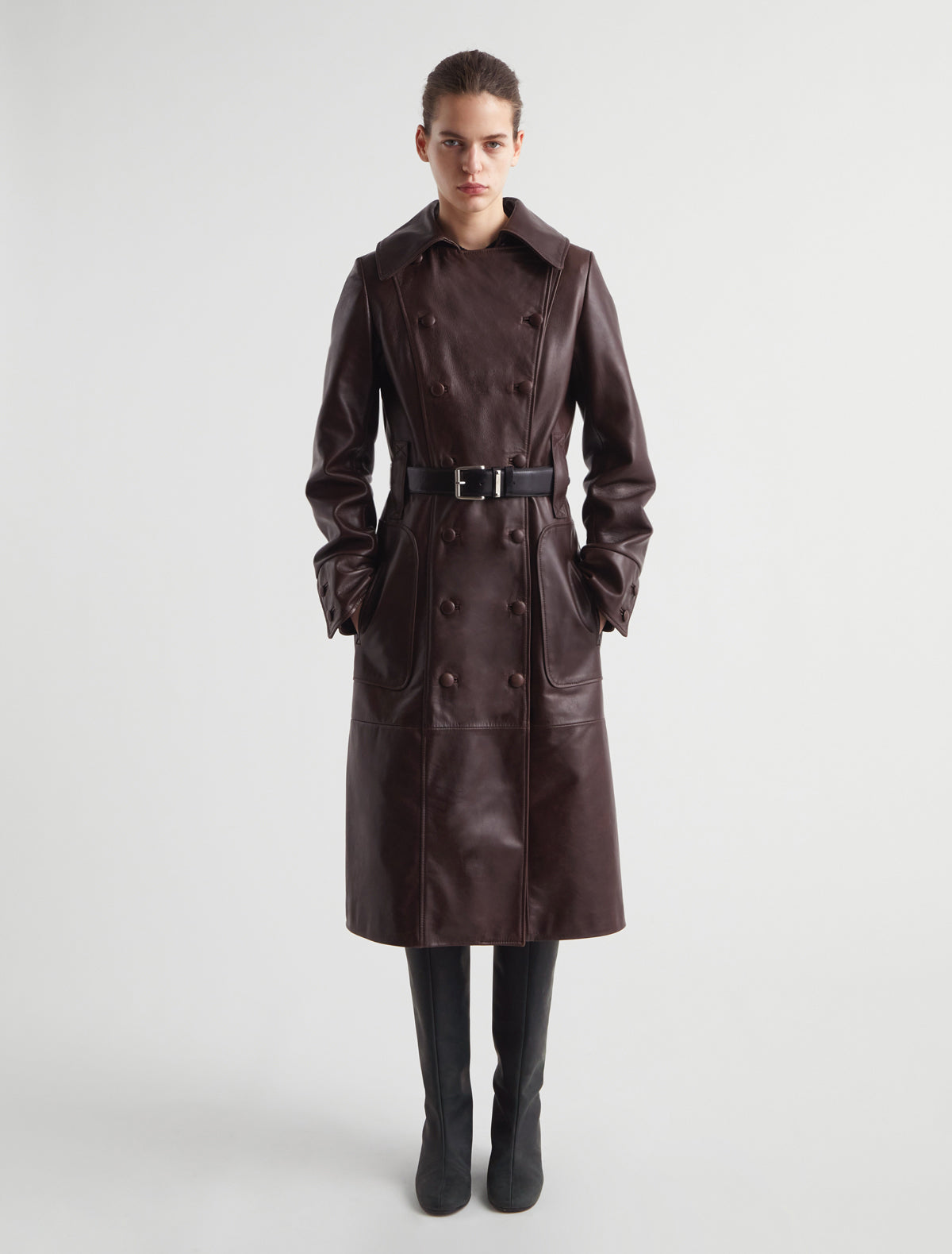 Estruck fitted long leather jacket double breasted closure wine