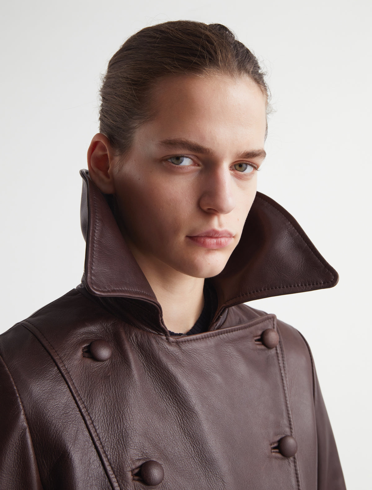 Estruck fitted long leather jacket double breasted closure wine