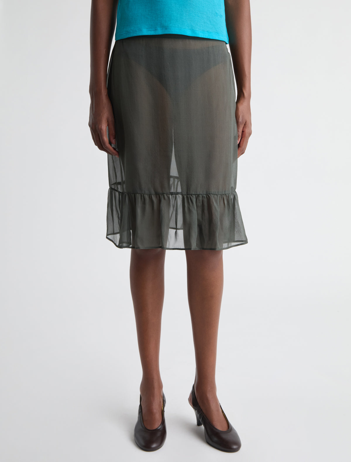Bloo a line silk skirt ruffled hem darkgreen