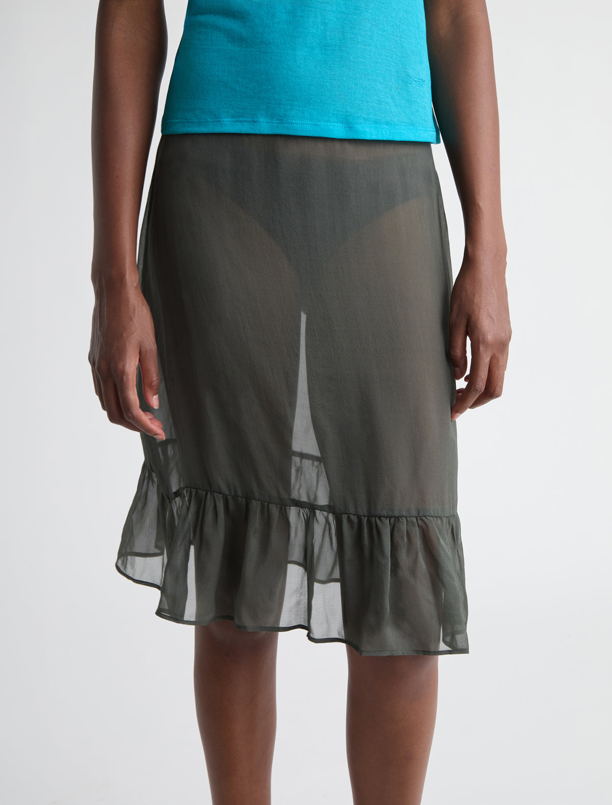 Bloo a line silk skirt ruffled hem darkgreen