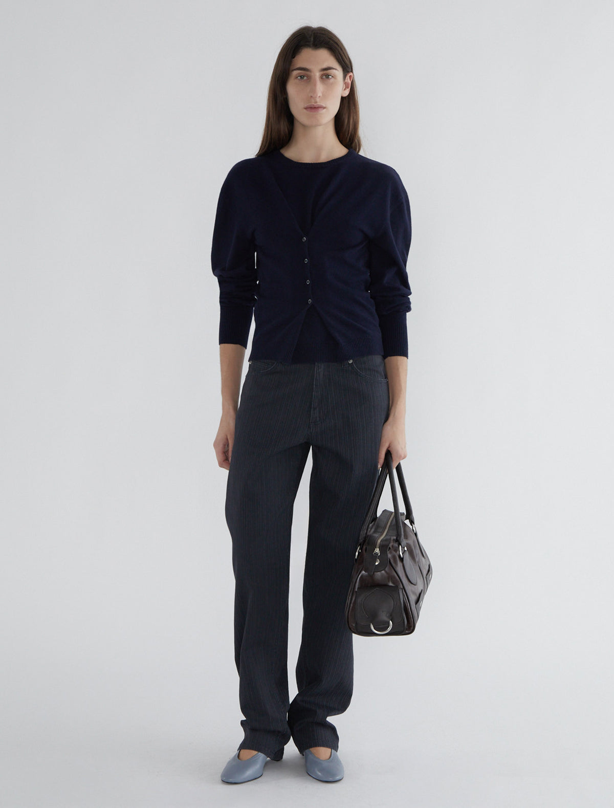 Clor long sleeved sweater buttons waist navy