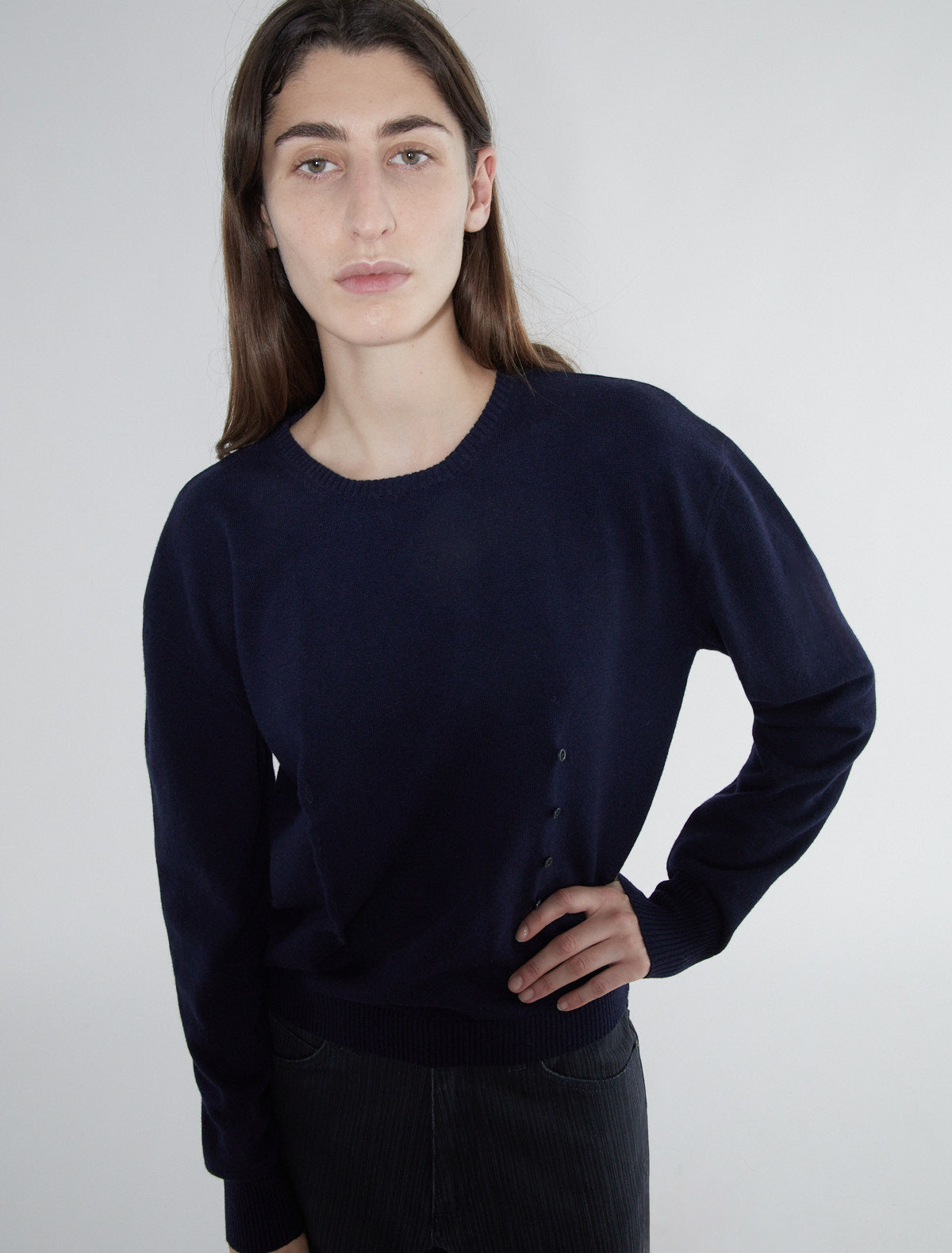 Clor long sleeved sweater buttons waist navy