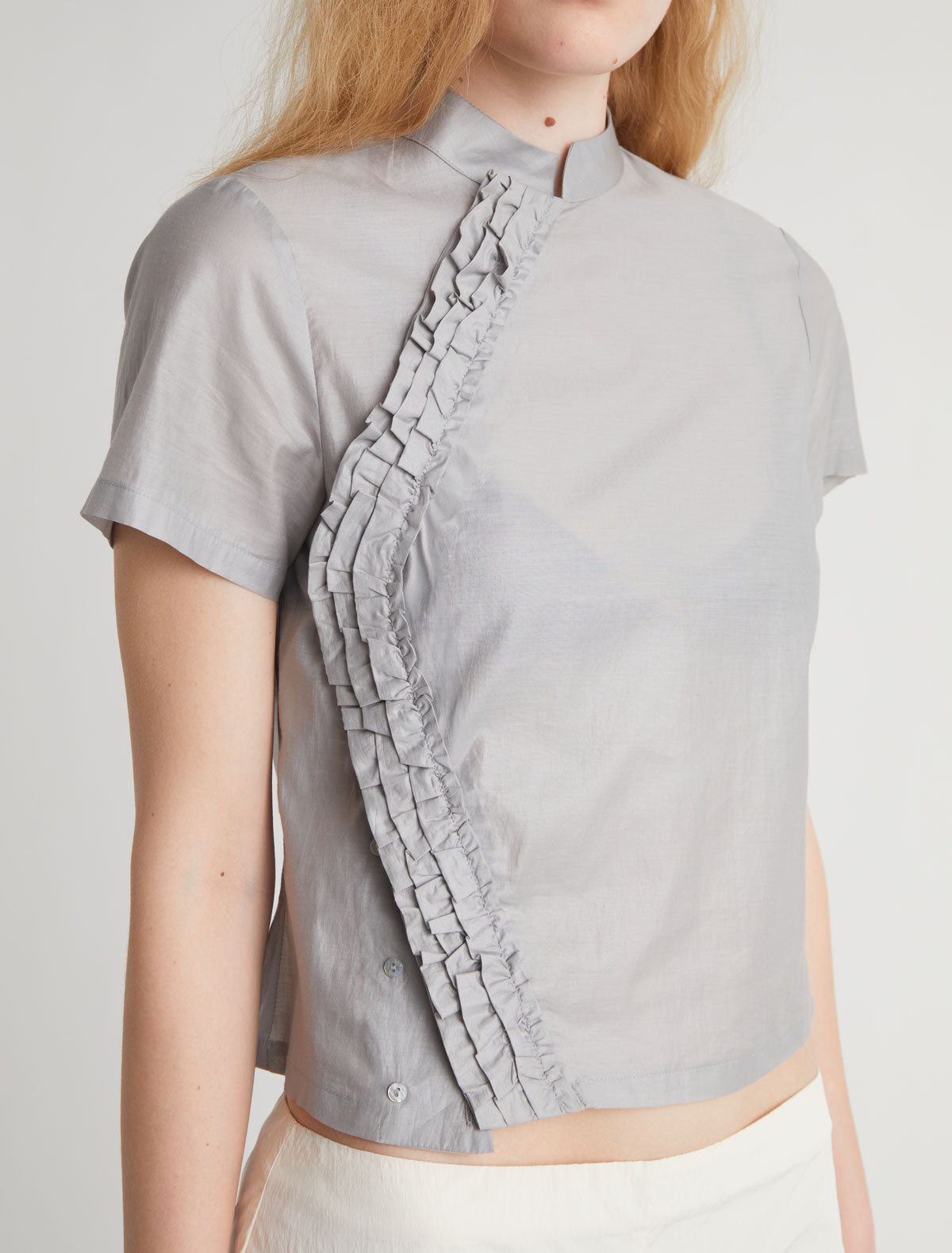 Gaspar short sleeve top mao style collar ruffle detail grey