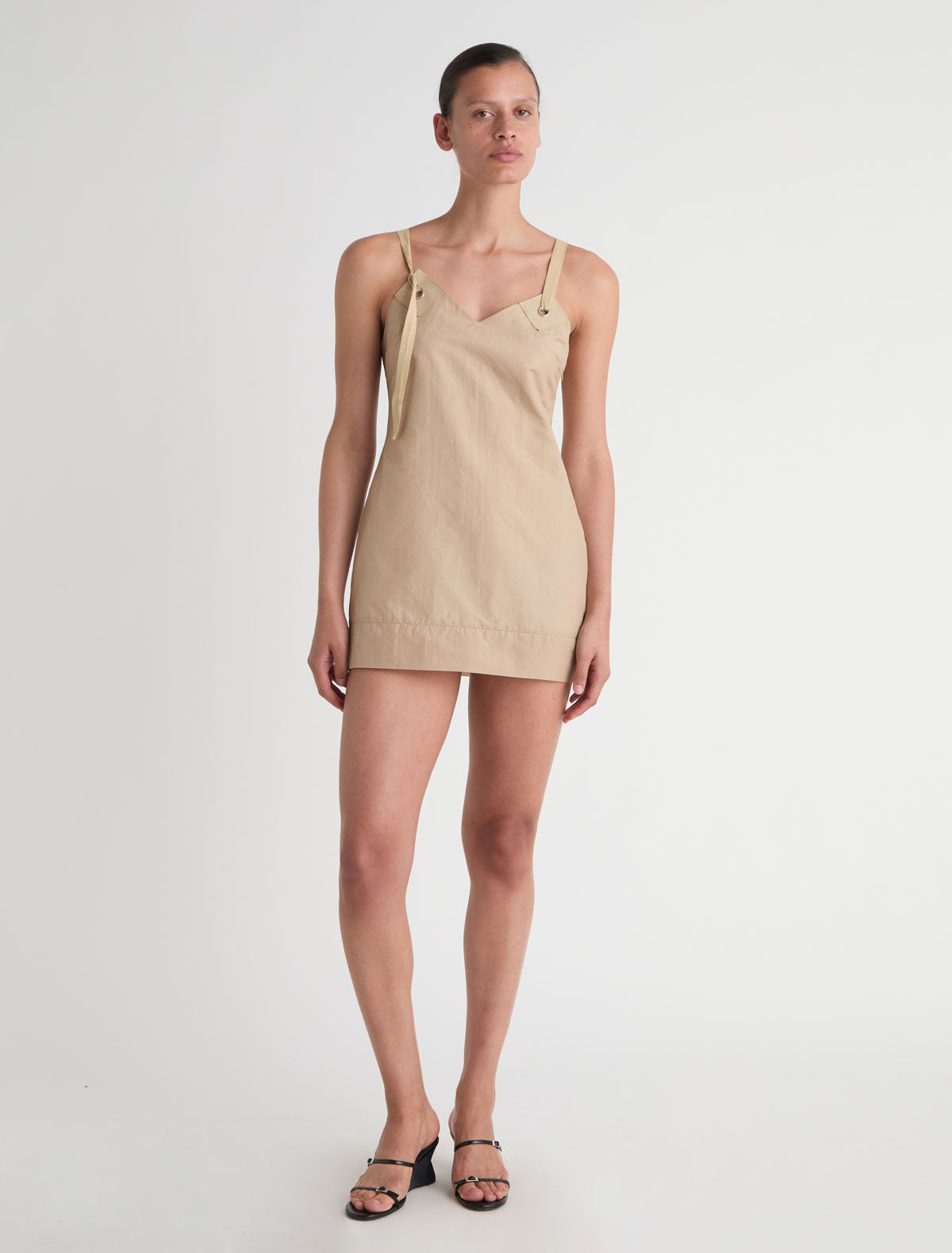 Goded short silk nylon dress leather tab details metal eyelets