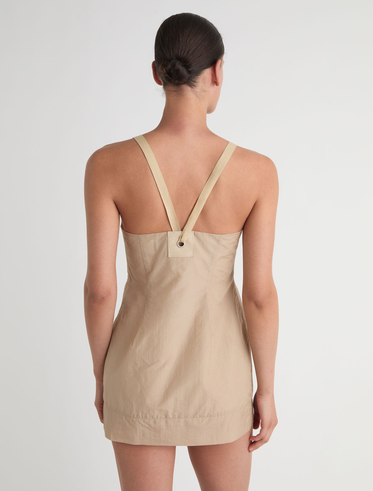 Goded short silk nylon dress leather tab details metal eyelets