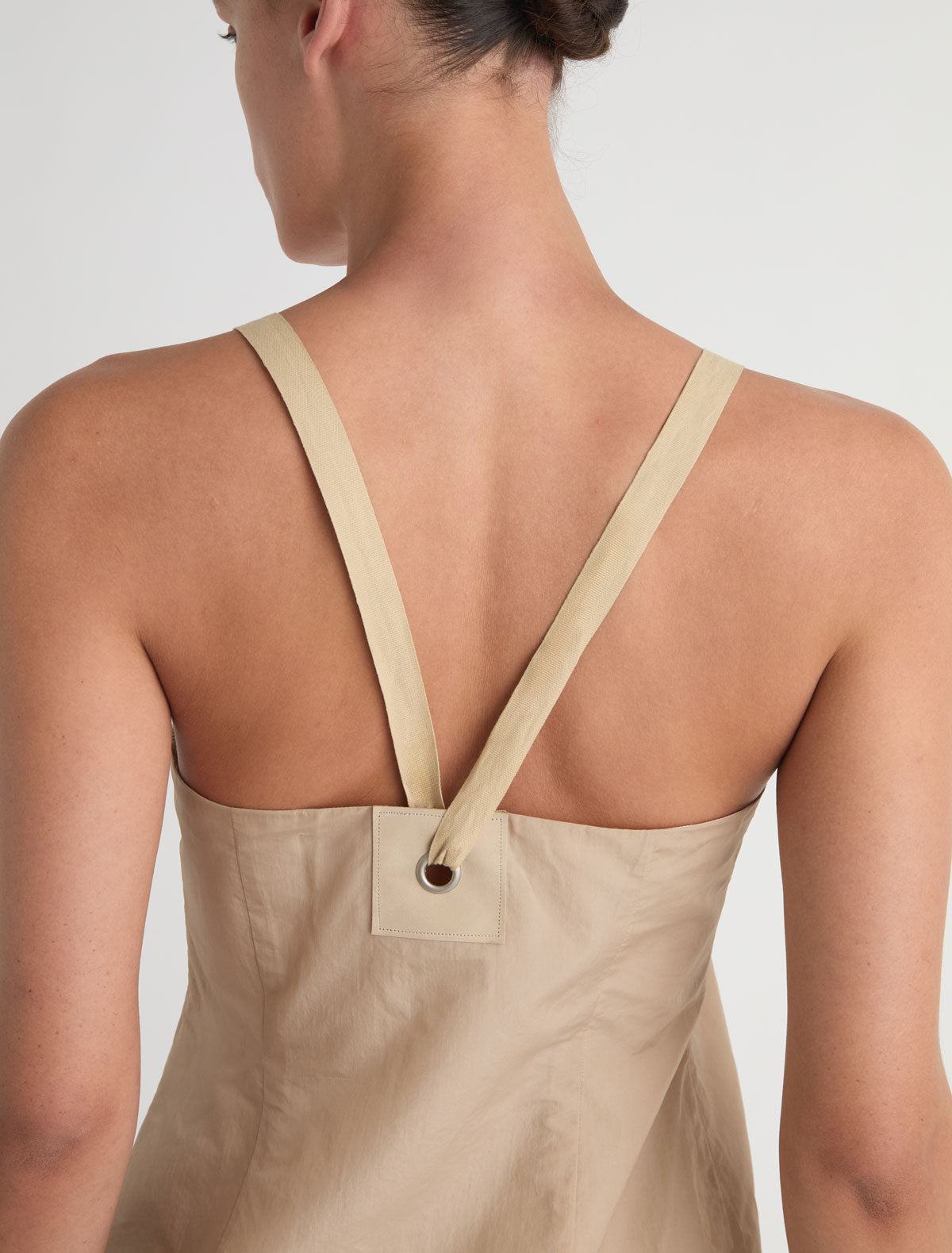 Goded short silk nylon dress leather tab details metal eyelets