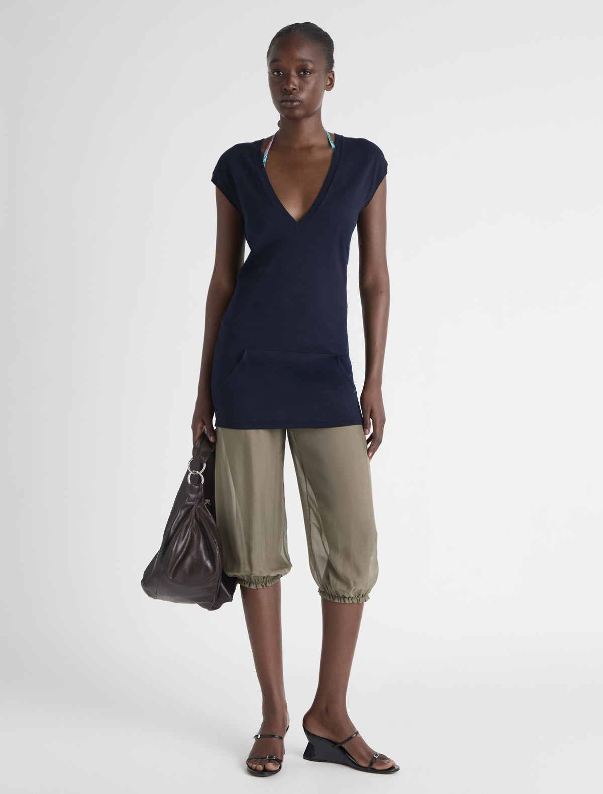 Hari sleeveless knitted top v neck sweatshirt style pocket navy