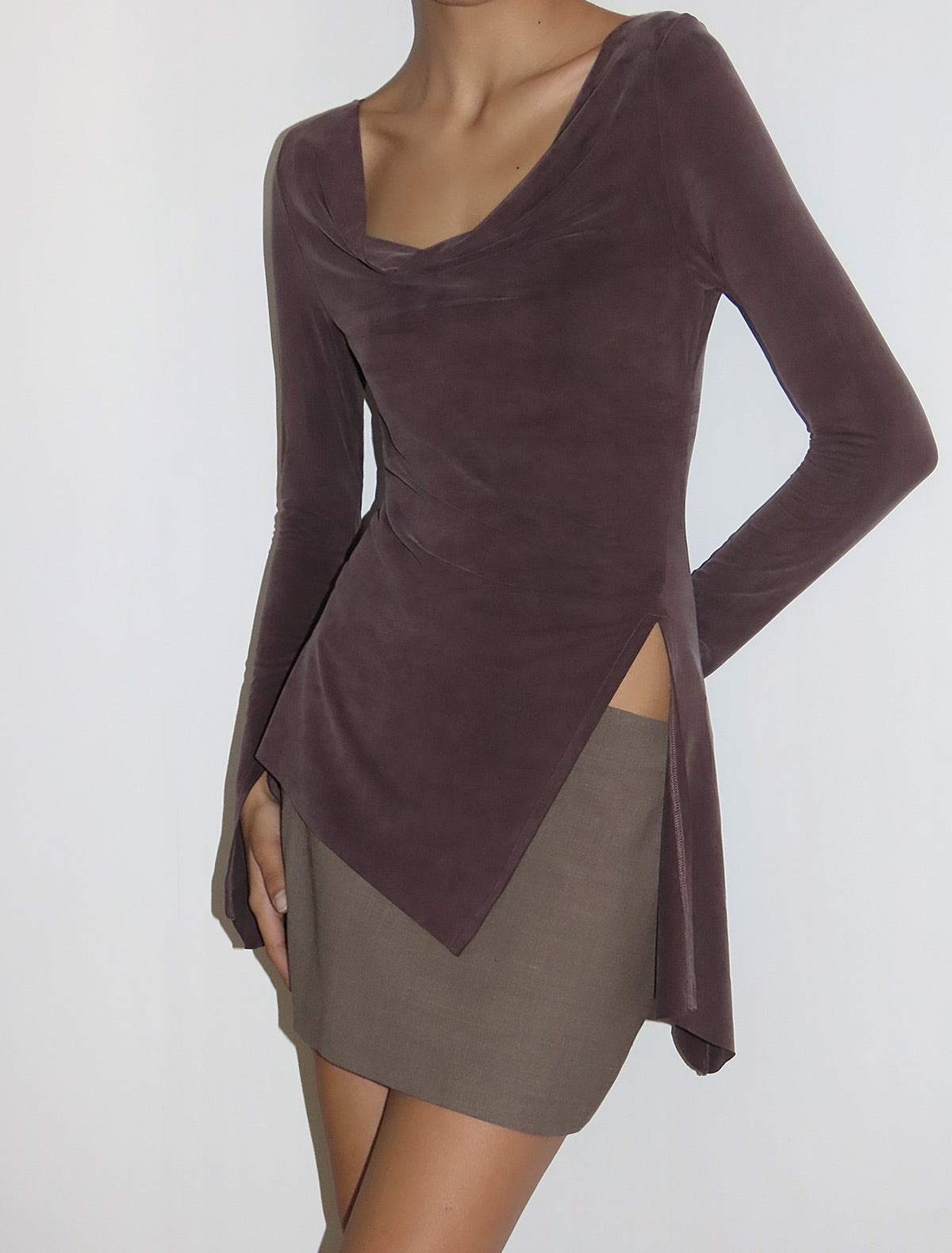 Lotto asymmetric long sleeved cupro top mahogany