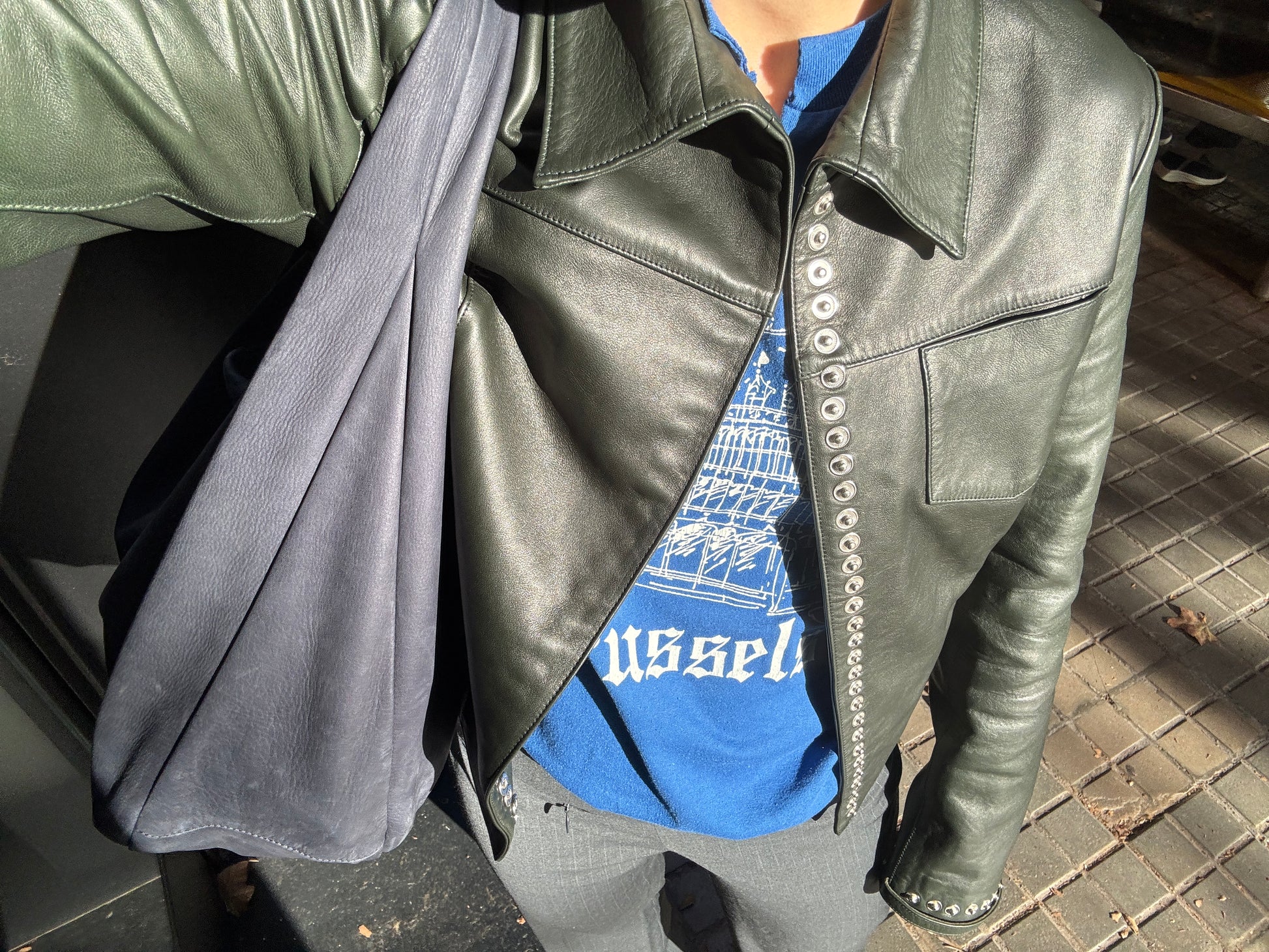 Octavia fitted leather jacket snap detailing hem cuffs