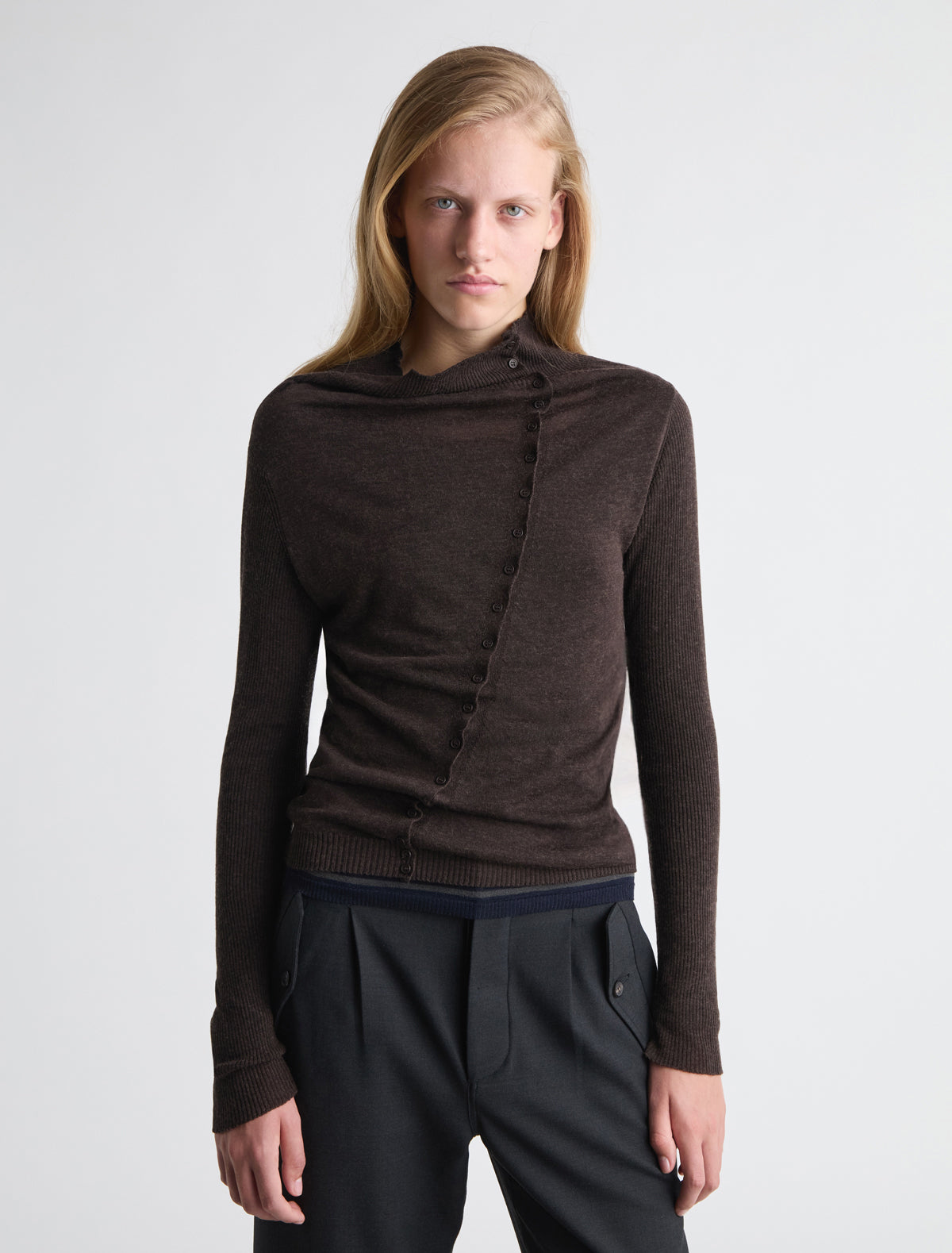 Igna buttoned sweater diagonal closure draped neckline brown