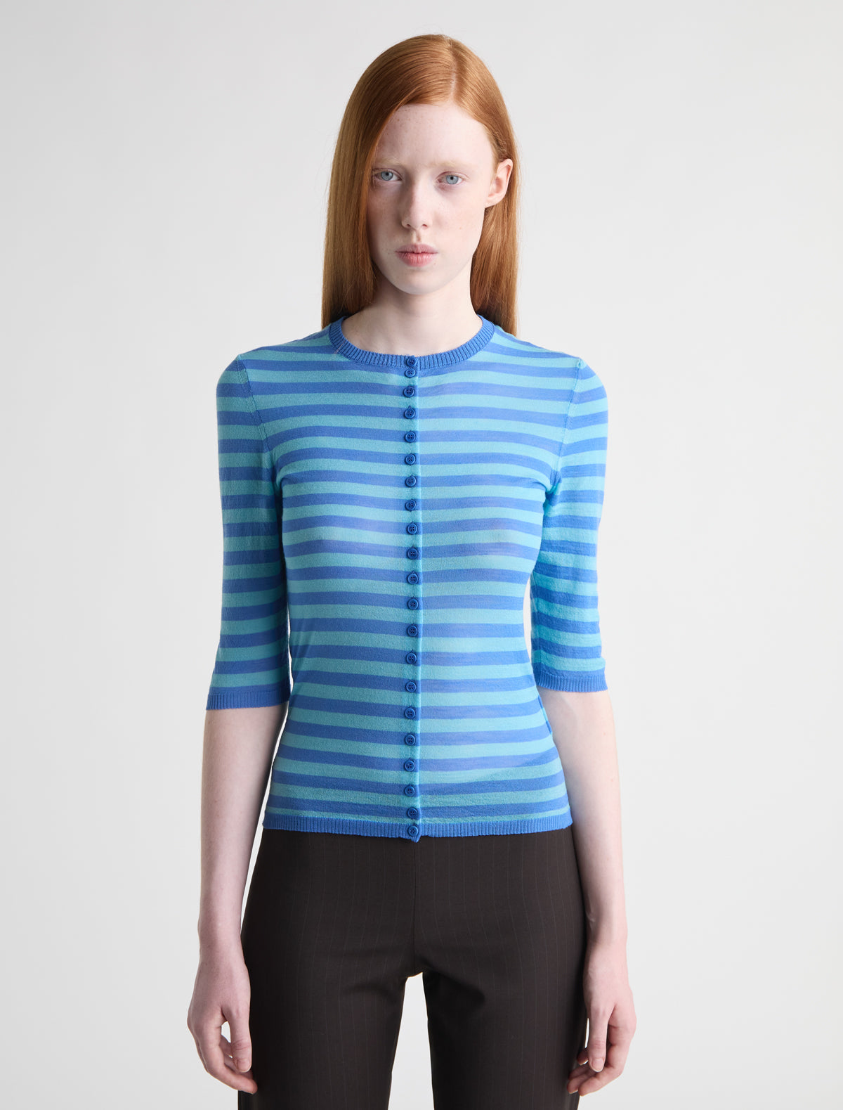 Balsam fitted striped cardigan button closure elbow length sleeves blue