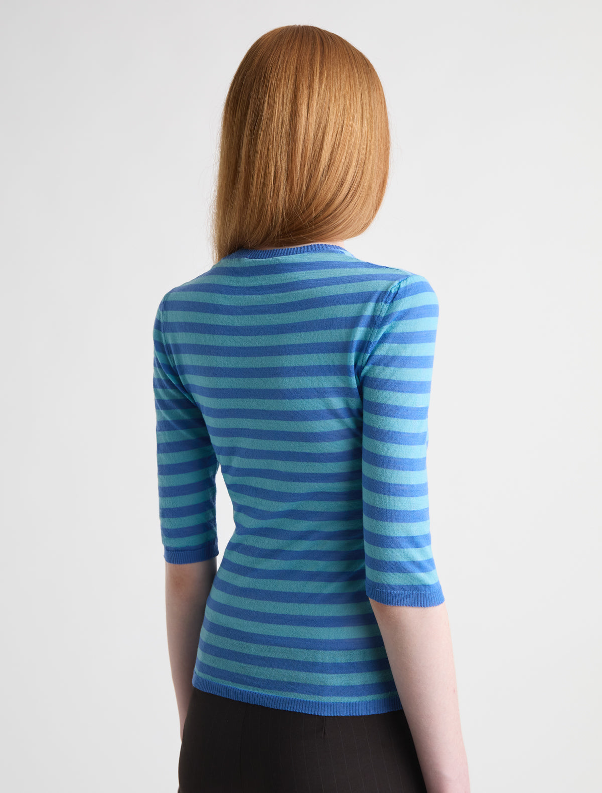Balsam fitted striped cardigan button closure elbow length sleeves blue
