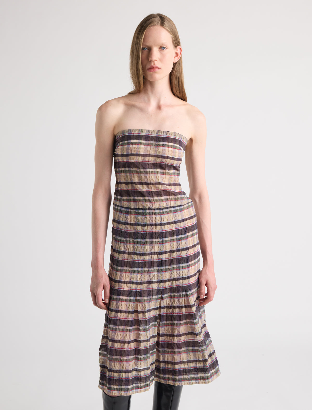 Lana strapless midi dress fitted bodice and pleated detailing hem beige