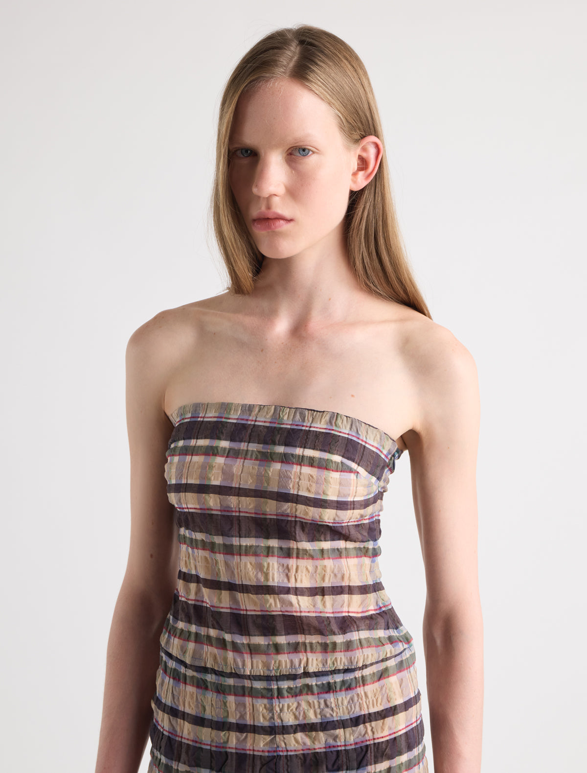 Lana strapless midi dress fitted bodice and pleated detailing hem beige