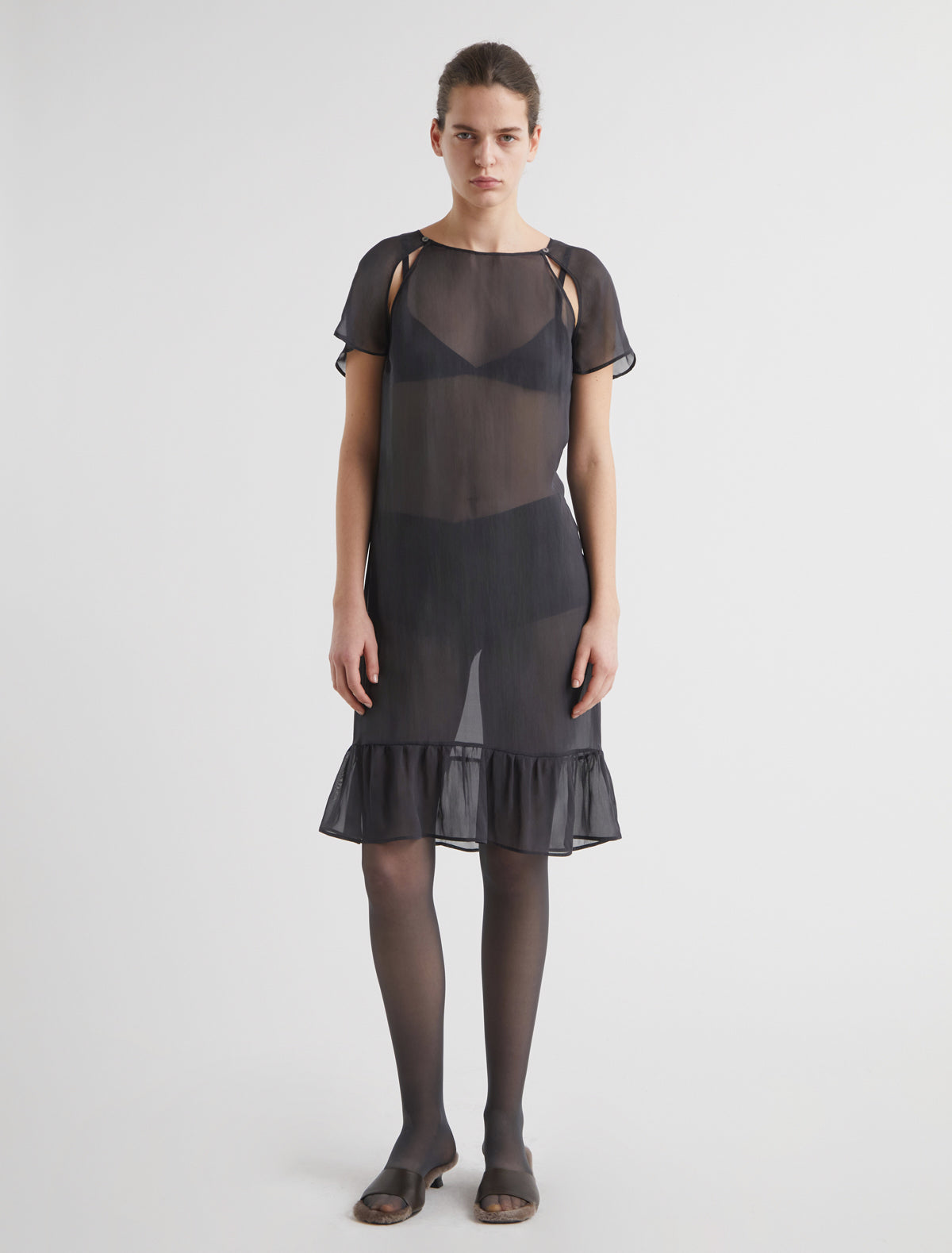 Lira dress midi dress short sleeves openings armholes ruffled hem darkgey