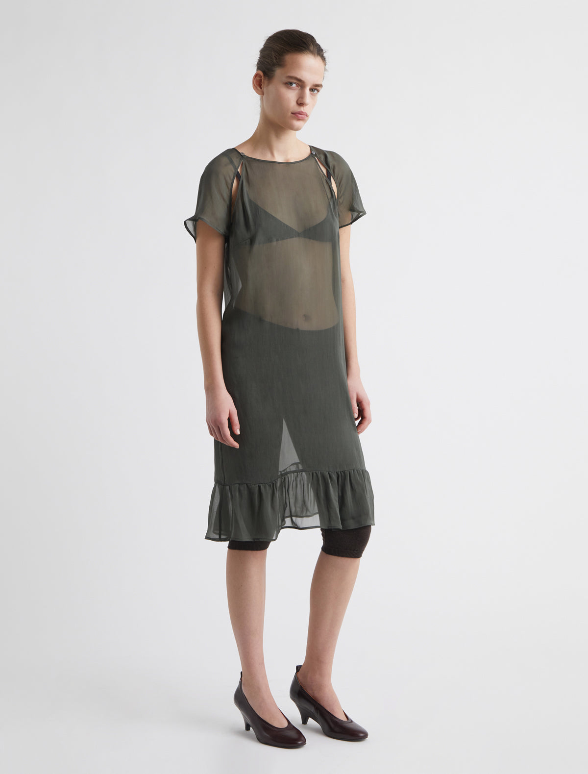 Lira dress midi dress short sleeves openings armholes ruffled hem darkgreen