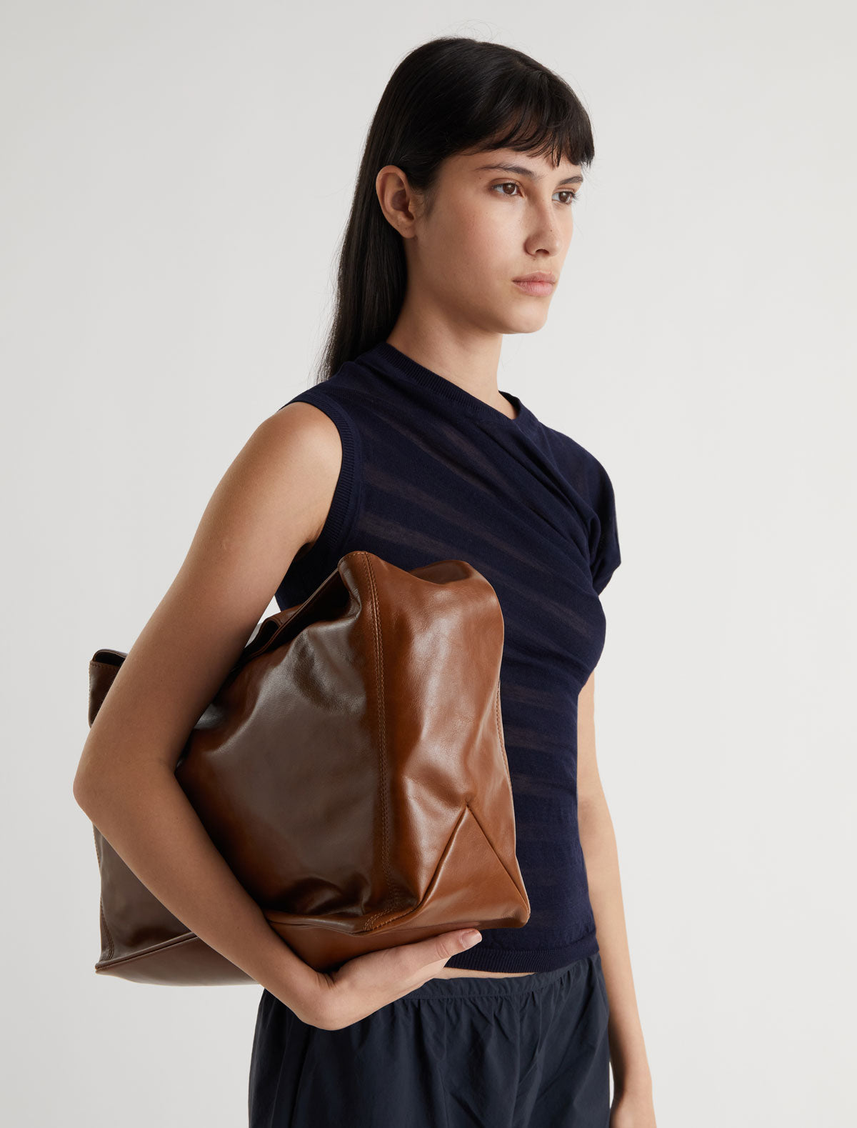 Lisa large leather bag wide handle brown