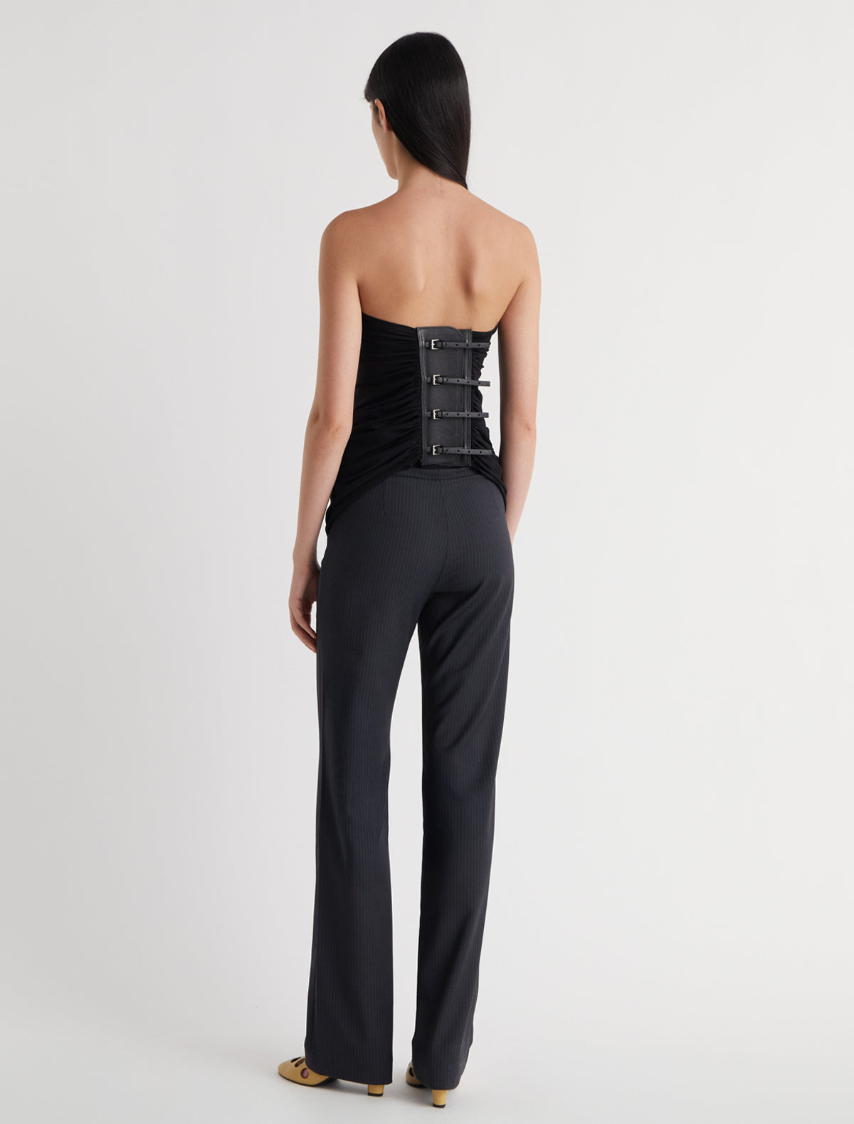 Long adriana sash style belt gathered fabric panel leather part black
