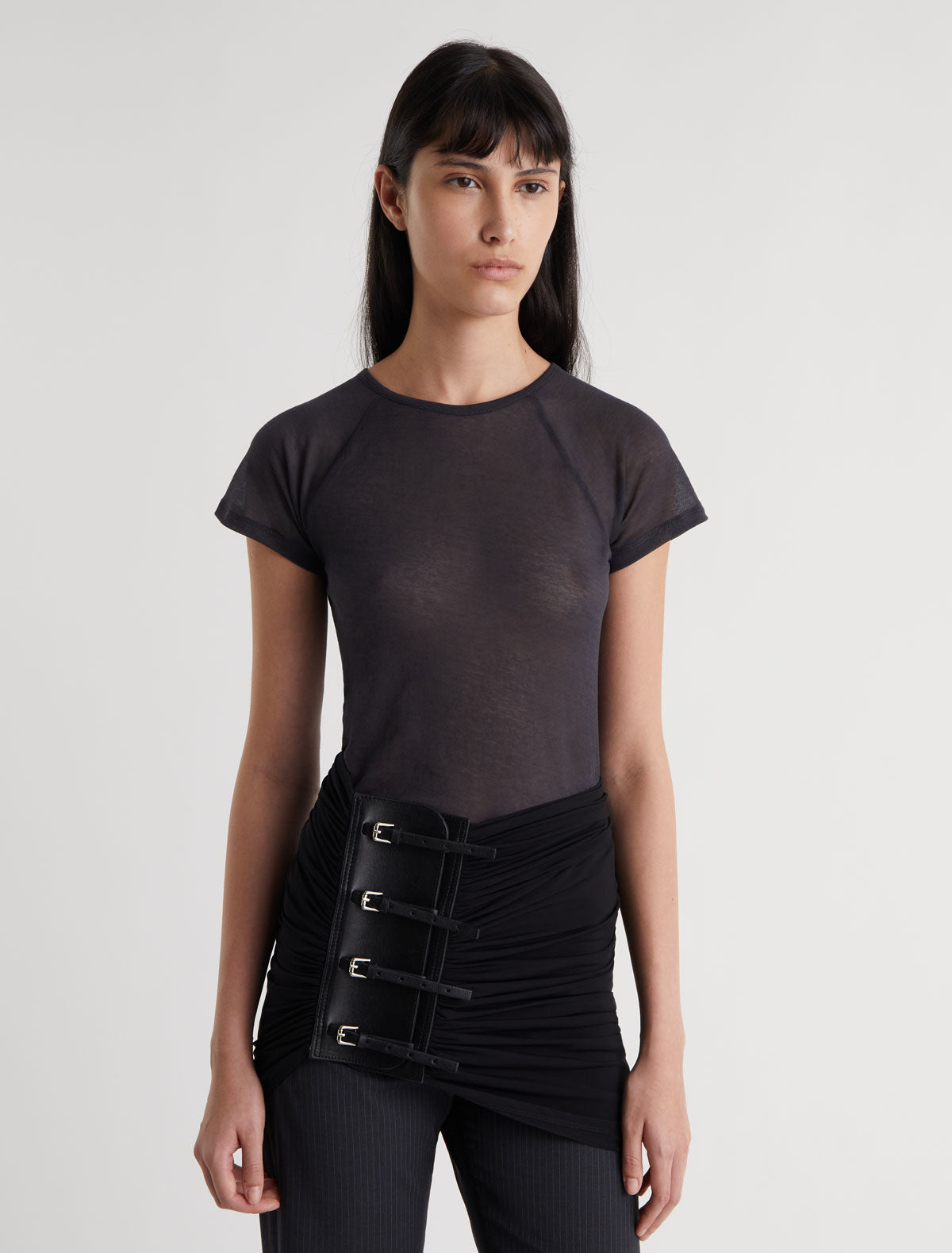 Long adriana sash style belt gathered fabric panel leather part black