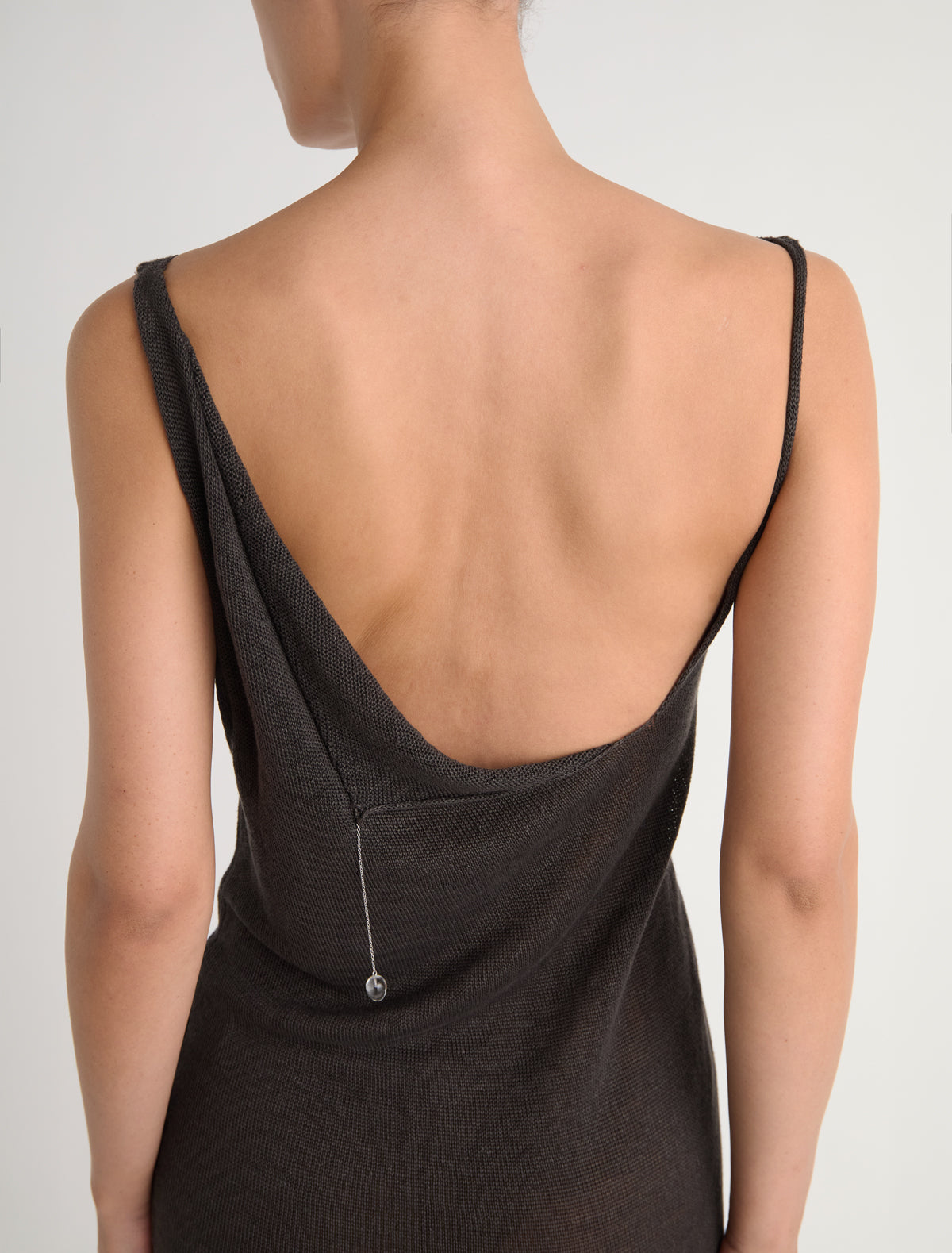 Long lotti sleeveless knit dress chain detail handmade murano glass piece brown
