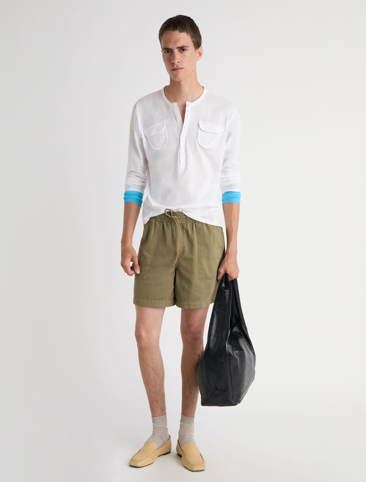 Mau shorts elasticated waistband adjustable drawstring khaki