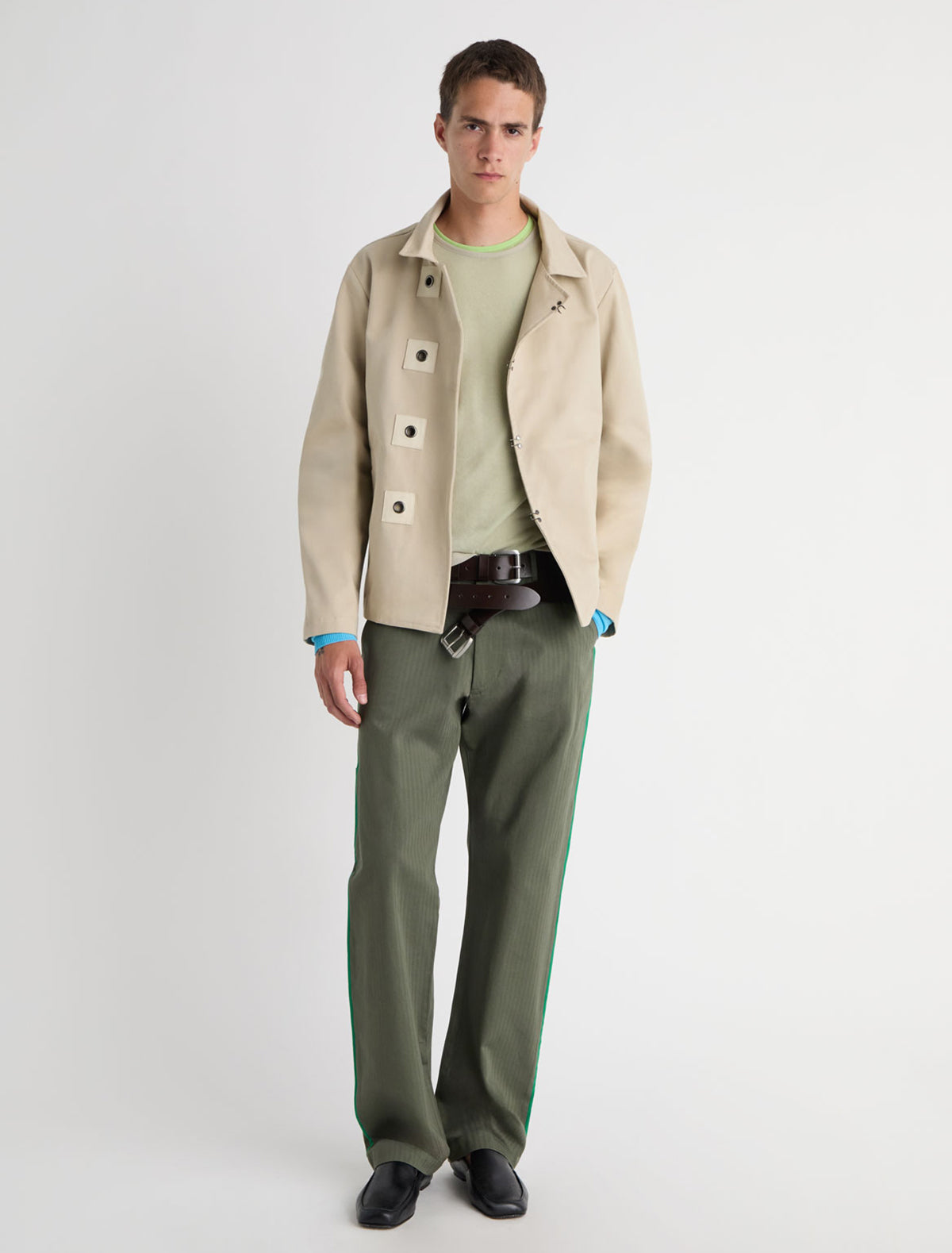 Maxim twill jacket four hook and eye closures leather detailing