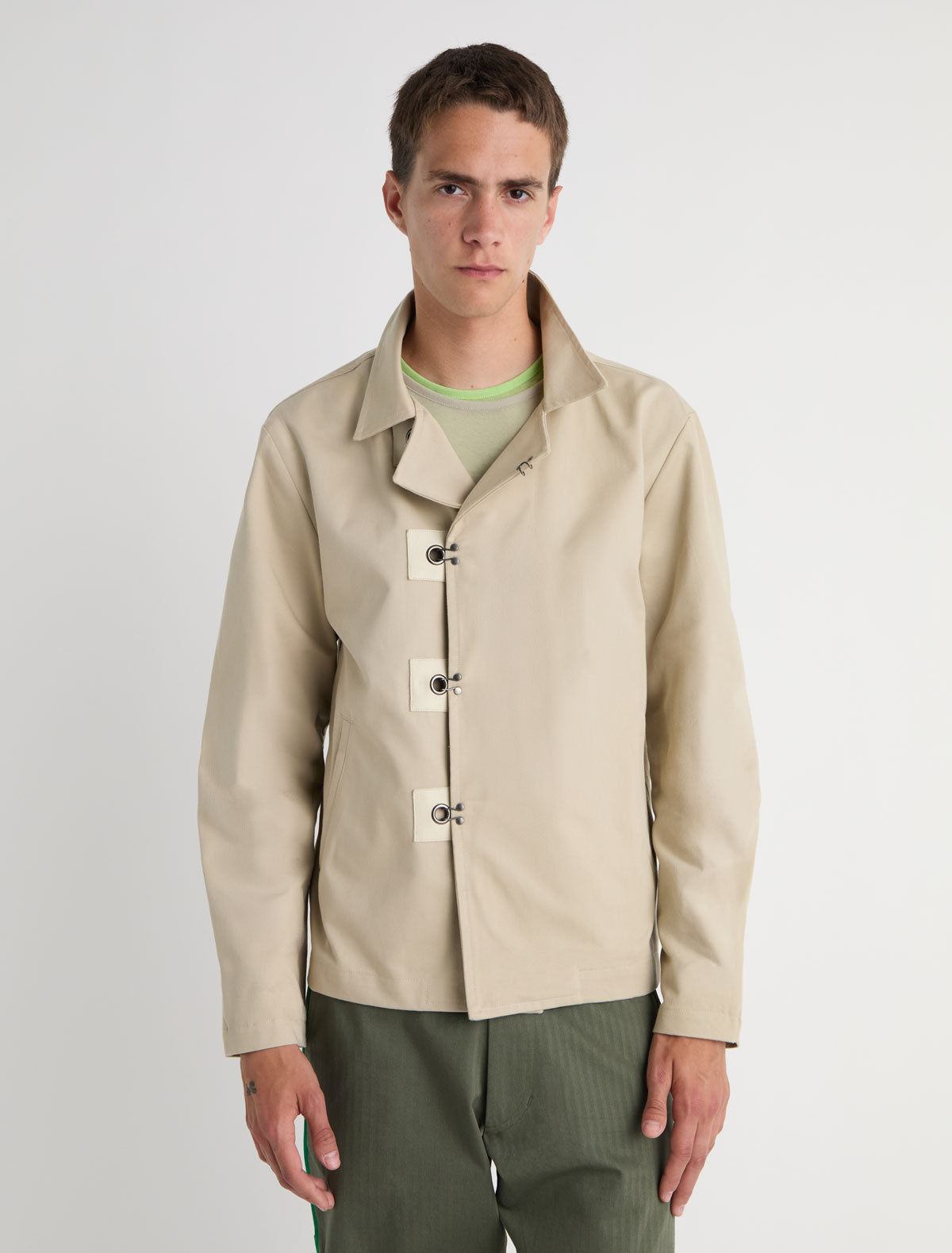 Maxim twill jacket four hook and eye closures leather detailing