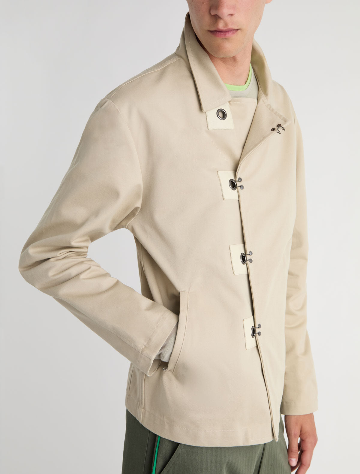Maxim twill jacket four hook and eye closures leather detailing