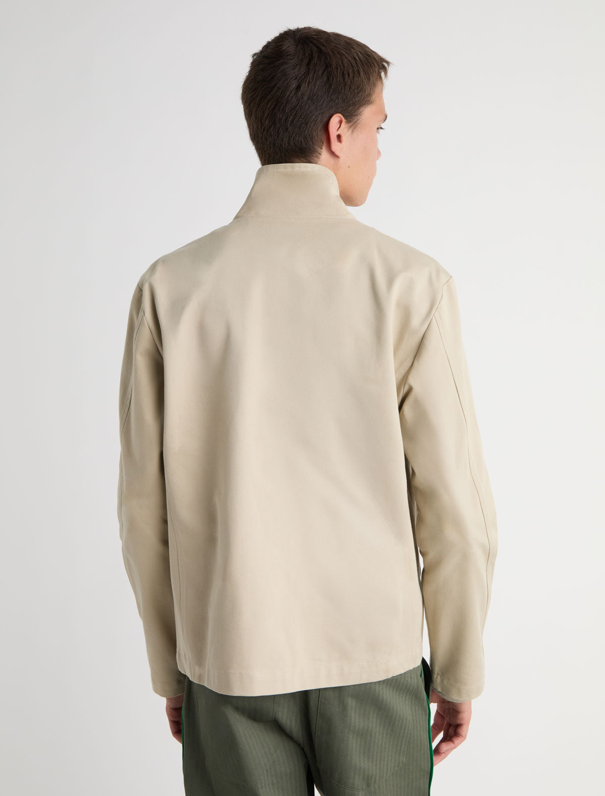 Maxim twill jacket four hook and eye closures leather detailing